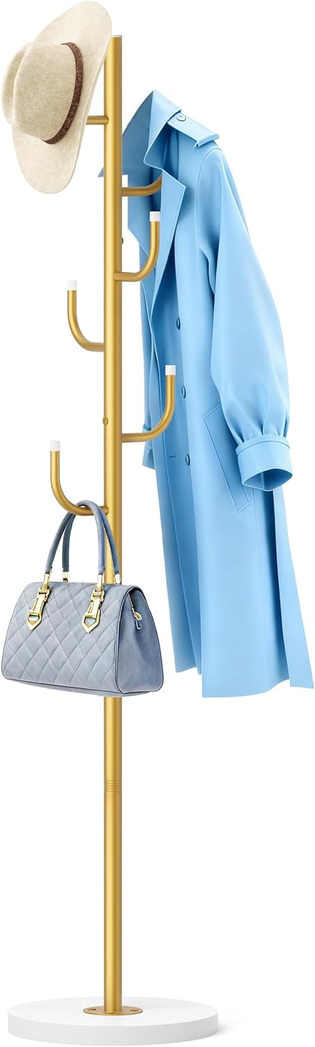 MISSLO Heavy Duty Coat Rack Freestanding 4 Adjustable Size Coat Tree with Stable Wood Base Coat Hanger Stand with 6 Hooks Standing Clothes Tree for Bedroom, Black