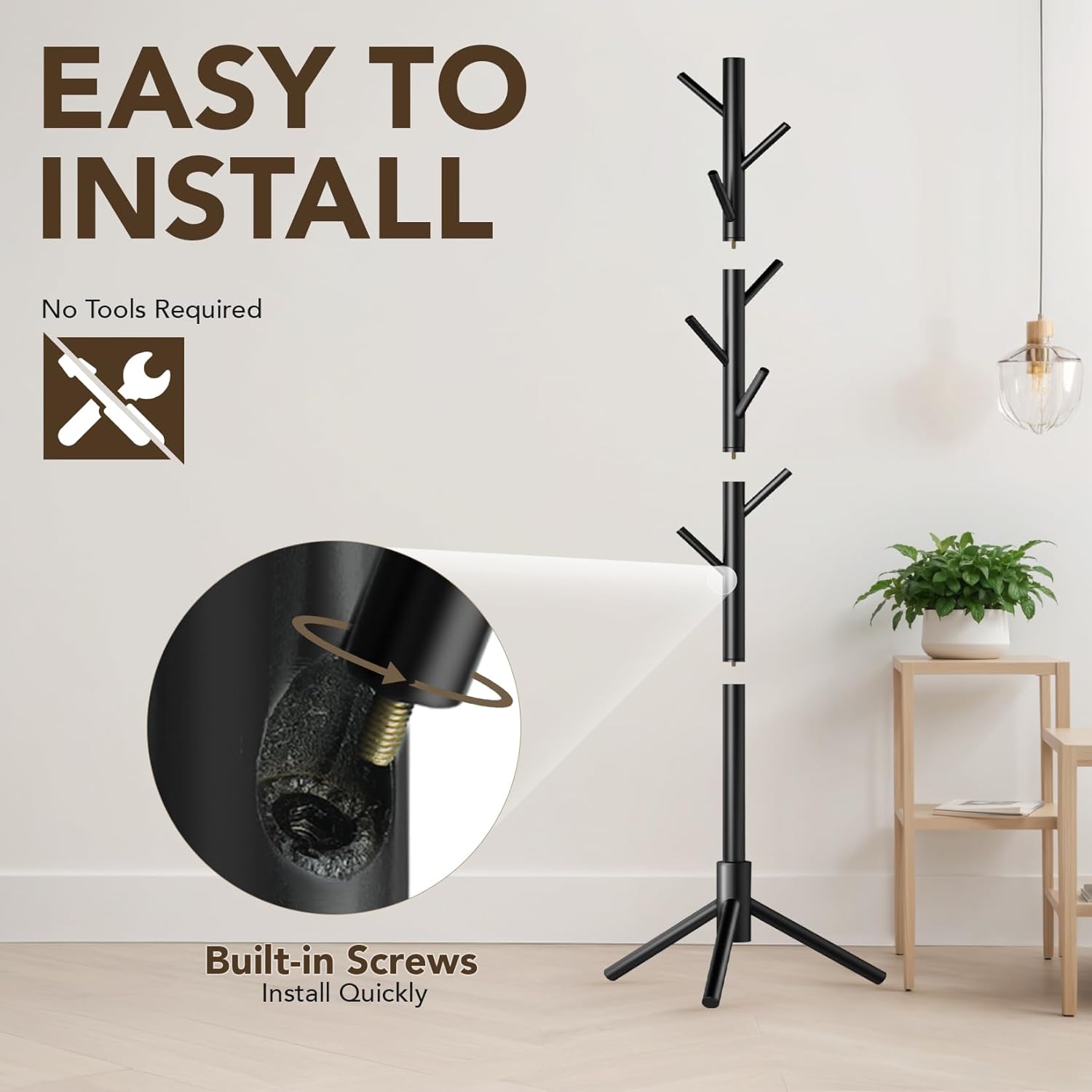 Wooden Tree Coat Rack Stand,Sturdy Freestanding Coat Rack with 8 Hooks,3 Adjustable Height for Child Adult,Wood Coat Stand Tree Fits Entryway Bedroom Office for Bags,Hats