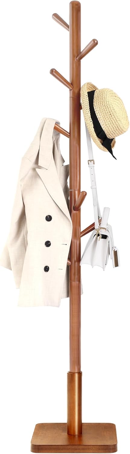 VASAGLE Solid Wood Coat Rack, Free Standing Hall Coat Tree with 8 Hooks, 3 Height Options, for Coats, Hats, Bags, Purses, for Entryway, Hallway, Rubberwood Hooks and Pole, Dark Walnut URCR010W01