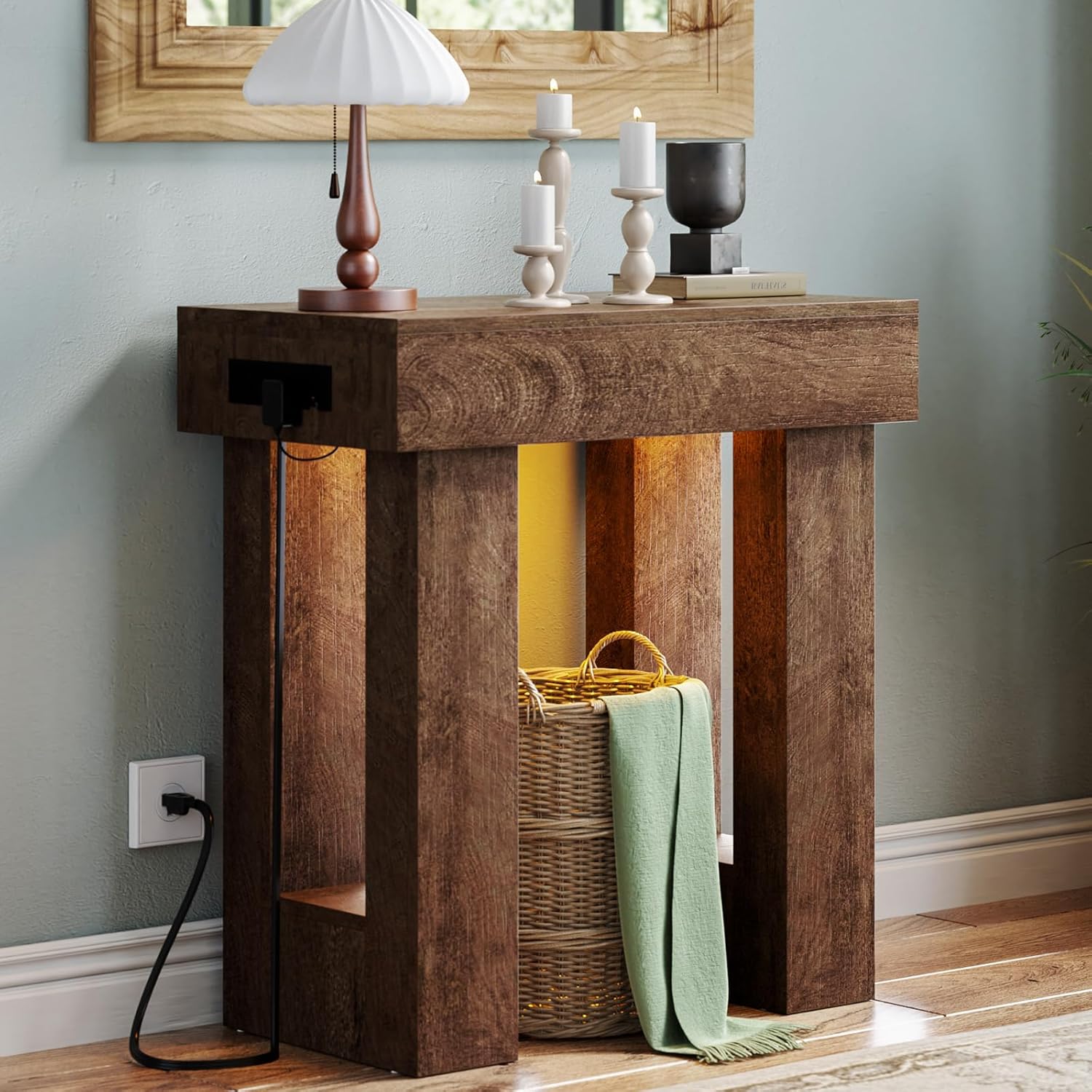 Unikito 47" Entryway Table with Socket and Sensor Light, Narrow Console Table with Storage Behind Couch, Farmhouse Entry Way Tables with Open Storage for Entrance/Hallway/Living Room, Natural Oak