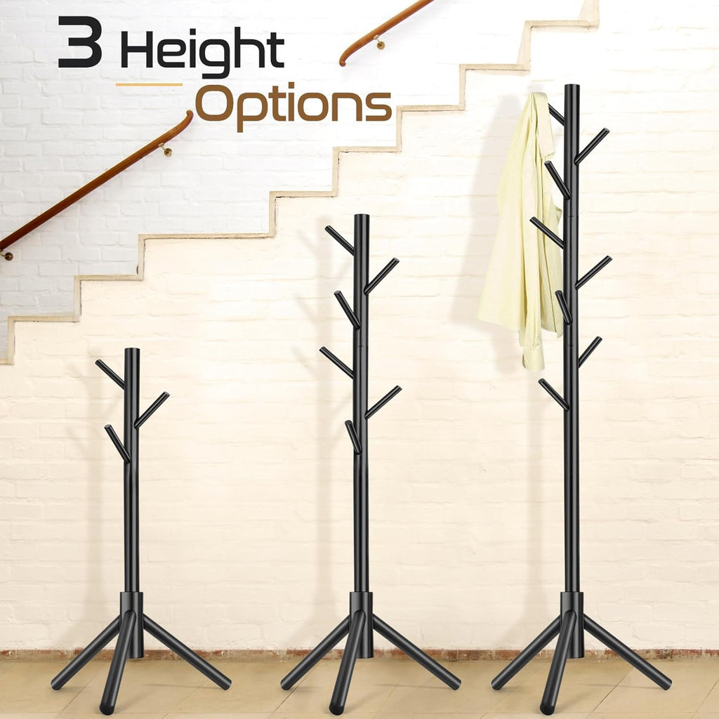 Solid Wooden Coat Rack Freestanding, New Zealand Pine Coat Tree with 8 Hooks & 3 Adjustable Sizes for Coats, Hats, Handbags and Scarves, Space Saving for Entryway/Office/Bedroom (Black)