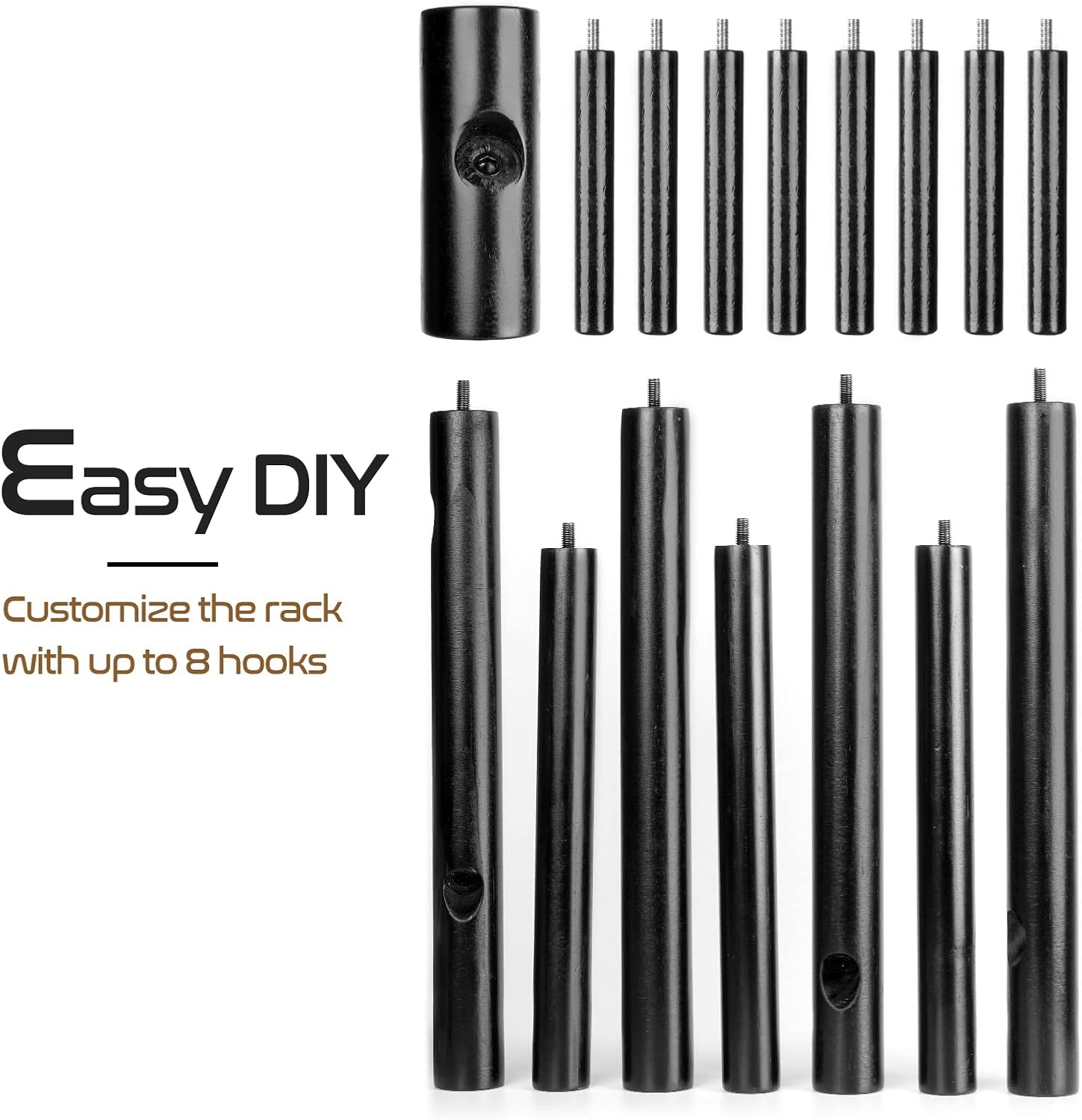 Solid Wooden Coat Rack Freestanding, New Zealand Pine Coat Tree with 8 Hooks & 3 Adjustable Sizes for Coats, Hats, Handbags and Scarves, Space Saving for Entryway/Office/Bedroom (Black)