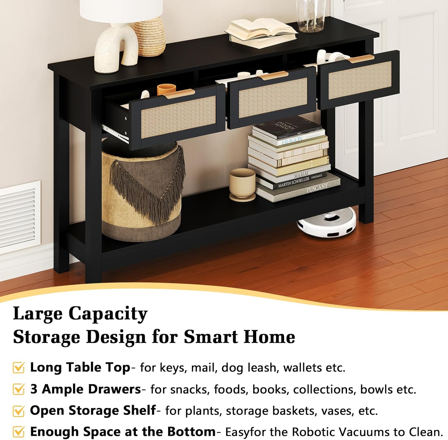 Luoxiao Entryway Console Table with 3 Rattan Drawers - Long Sofa Table Behind Couch Modern Fluted Hallway Living Room Storage Cabinet, Entry Table Open Shelf Foyer Furniture, Anti-Tip, Black, 47 Inch