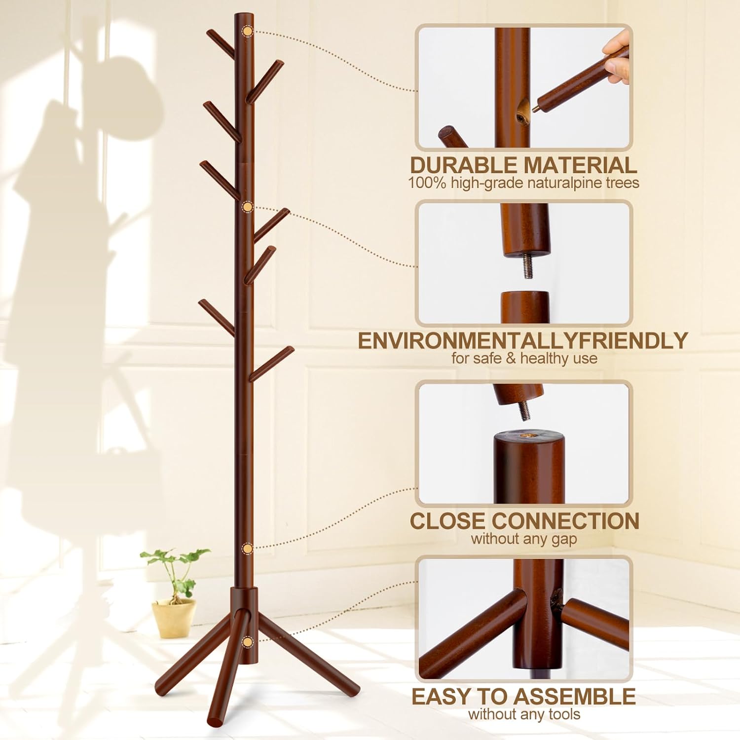 Solid Wooden Coat Rack Freestanding, New Zealand Pine Coat Tree with 8 Hooks & 3 Adjustable Sizes for Coats, Hats, Handbags and Scarves, Space Saving for Entryway/Office/Bedroom (Brown)