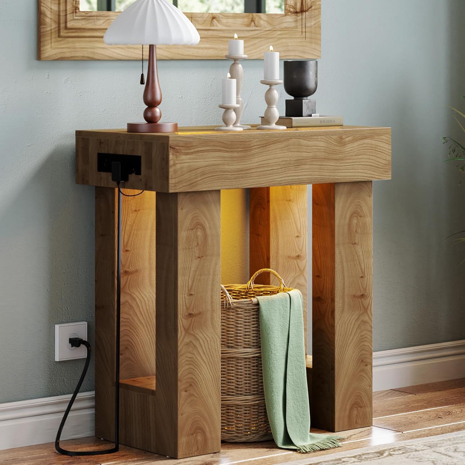 Unikito 47" Entryway Table with Socket and Sensor Light, Narrow Console Table with Storage Behind Couch, Farmhouse Entry Way Tables with Open Storage for Entrance/Hallway/Living Room, Natural Oak