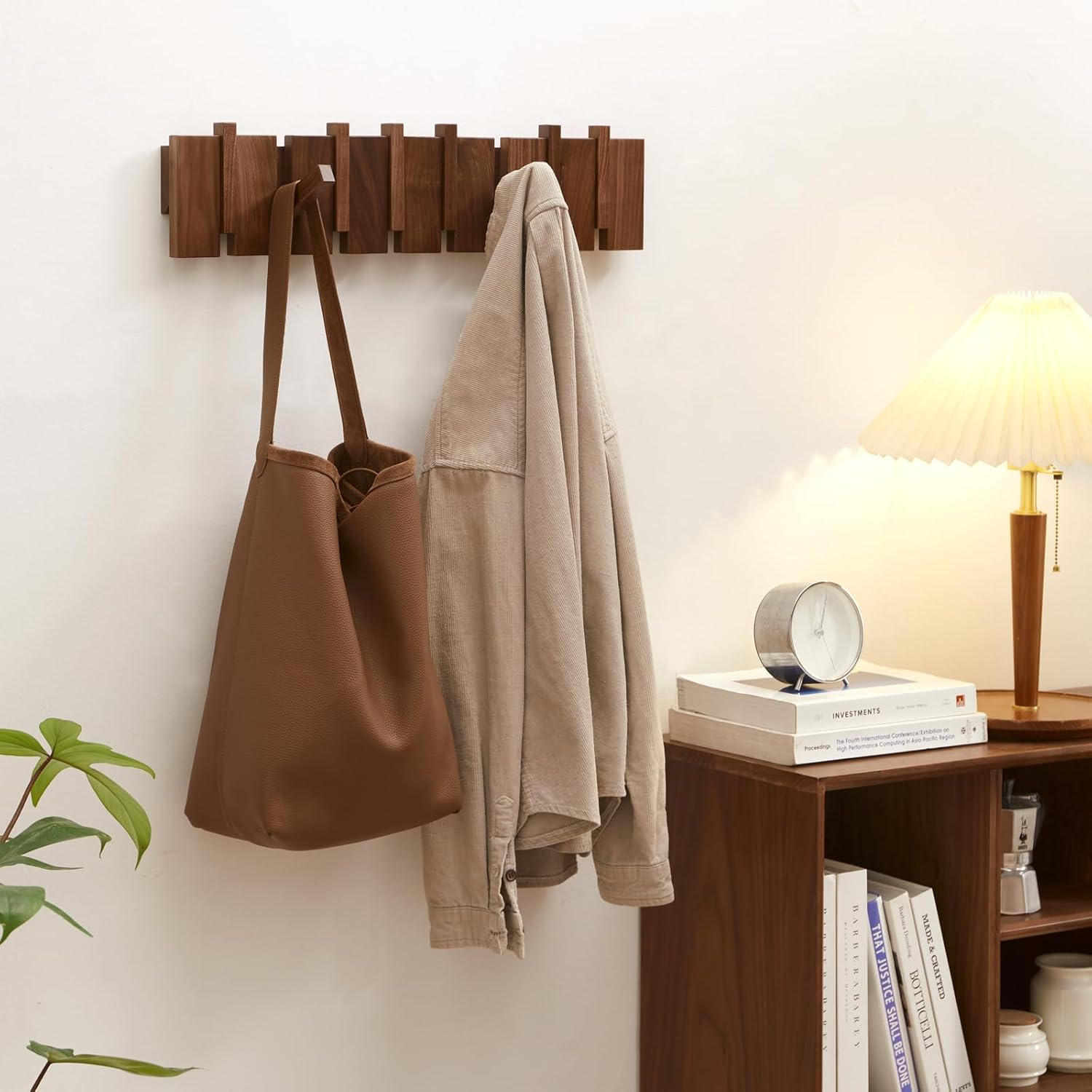 Wood Coat Rack Wall Mount, Coat Hooks Hanger Wall Mounted, Heavy Duty Wall Coat Rack with 6 Hooks for Hanging Coats/Keys/Hats/Robe&Towels/Plants/Bags, Walnut