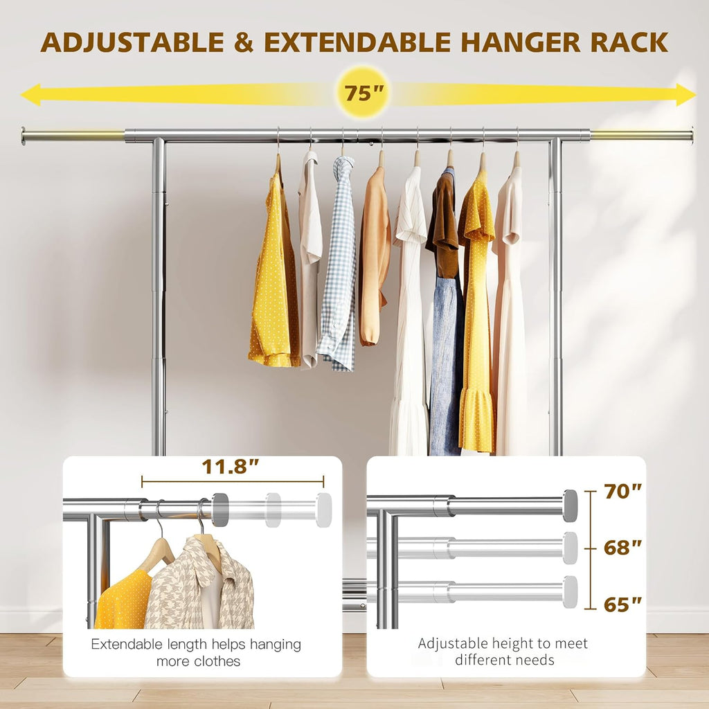 Raybee 75" W Heavy Duty Clothes Rack, 530 LBS Clothing Racks for Hanging Clothes, Rolling Clothing Rack with Sturdy Wheels, Metal Garment Rack for Bedroom, Laundry Room, Retail Store, Chrome