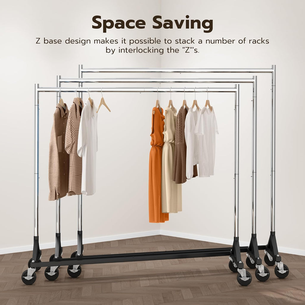 HOKEEPER Commercial Z Base Garment Rack Hold 500LBS Heavy Duty Clothing Rack Adjustable Rolling Clothes Rack for Hanging Clothes Racks on Wheels Portable Z Rack, Chrome Finish