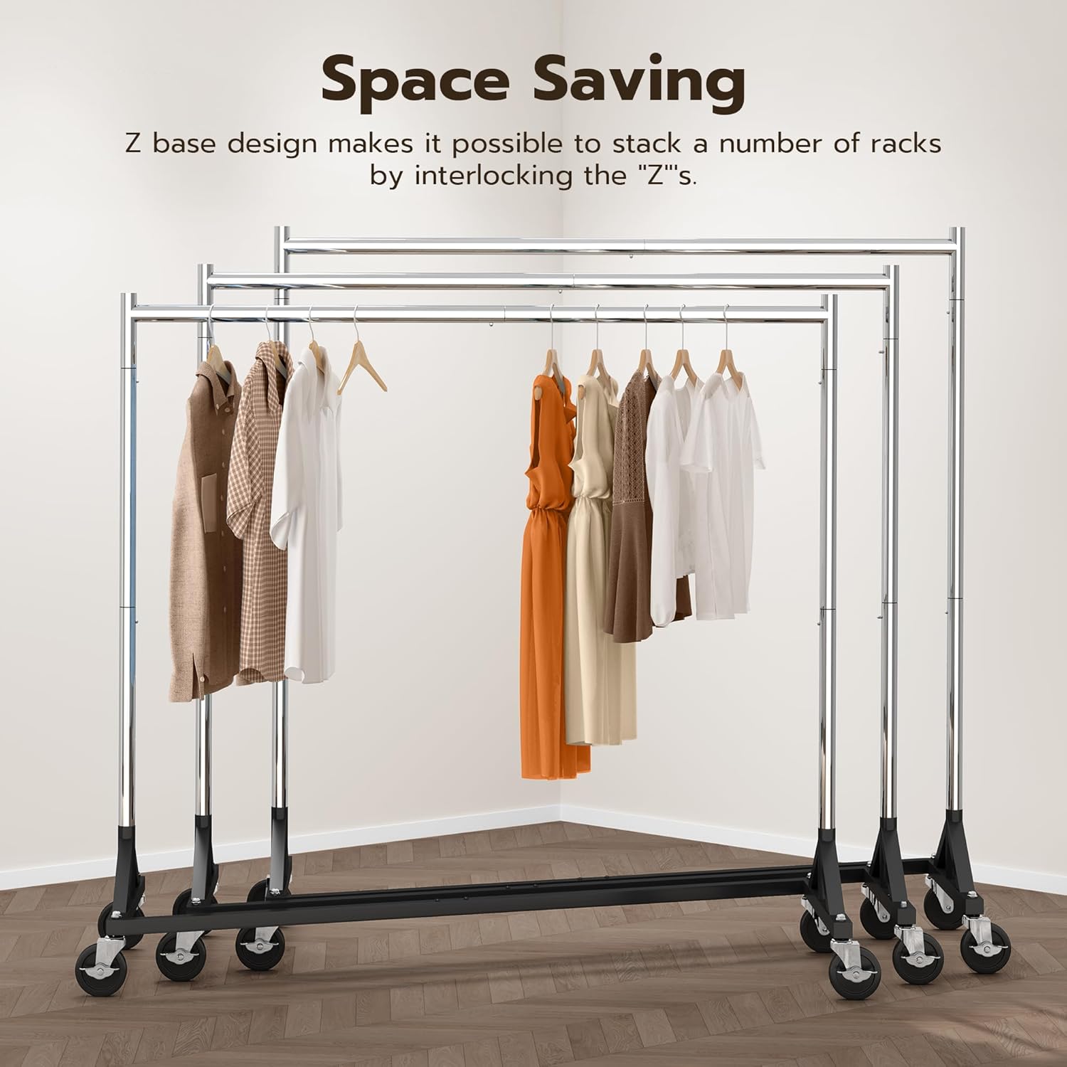 HOKEEPER Commercial Z Base Garment Rack Hold 500LBS Heavy Duty Clothing Rack Adjustable Rolling Clothes Rack for Hanging Clothes Racks on Wheels Portable Z Rack, Chrome Finish