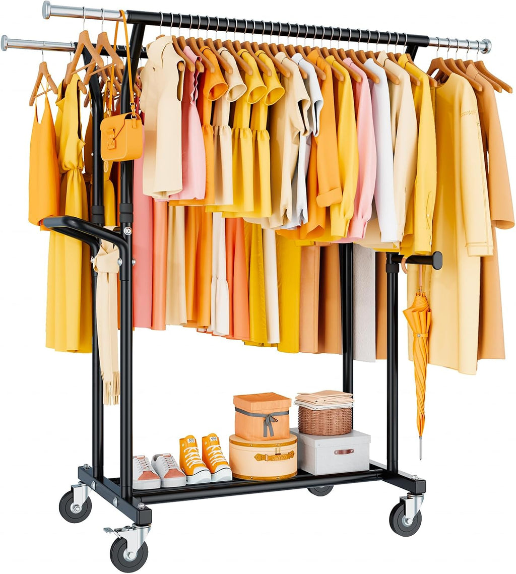 800LBS Heavy Duty Clothes Rack: Rolling Clothing Rack for Hanging Coat Double Rods Portable Wardrobe Garment Racks with Wheels Shelf Sturdy Metal Adjustable Bedroom Laundry Living Room