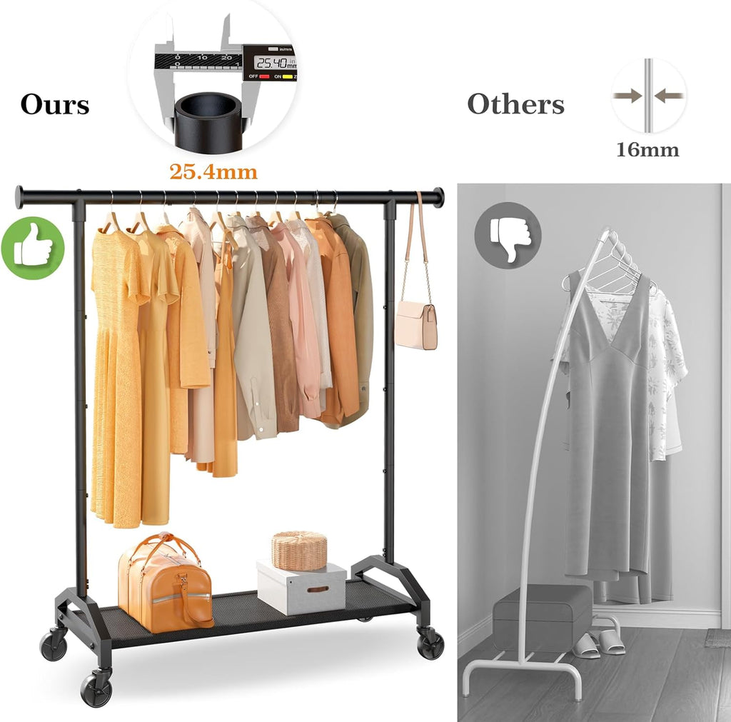 Clothes Rack Clothing Racks for Hanging Clothes Heavy Duty Clothes Rack Hanger Rack 200lbs Capacity Industrial Wheels 1" Pipe,Rolling Garment Rack Portable Clothes Rack Black