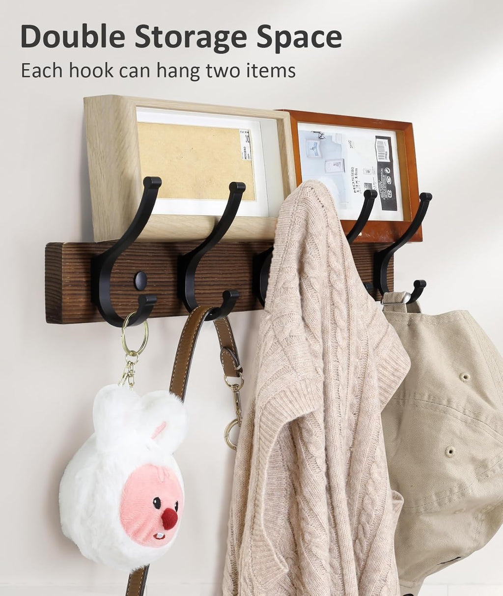 Coat Rack Wall Mount, 16.5 Inches Wood Coat Hooks, Wall Hooks for Hanging, Hat Rack Bag Hanger Key Holder for Wall, Purse Hanger Towel Racks for Bathroom (1Pack, Brown)