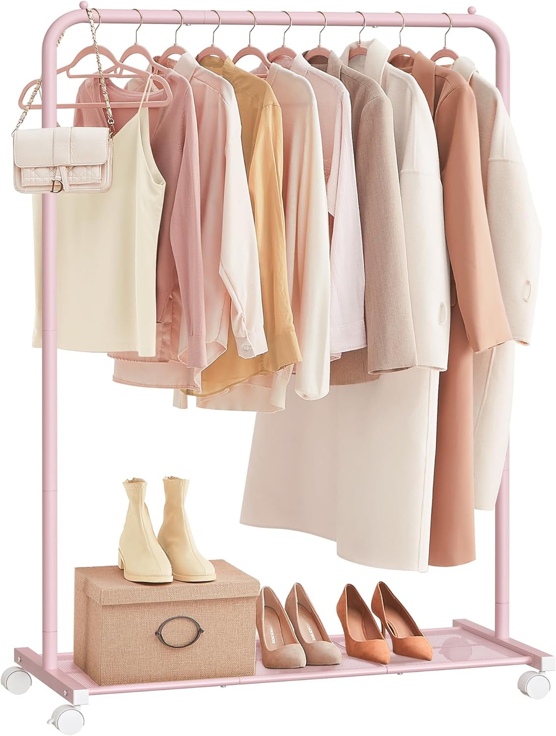 SONGMICS Clothes Rack with Wheels, Clothing Rack for Hanging Clothes, 25.4 mm Metal Garment Rack with Dense Mesh Storage Shelf, 110 lb Load Capacity, 2 Brakes, Black UHSR25BK