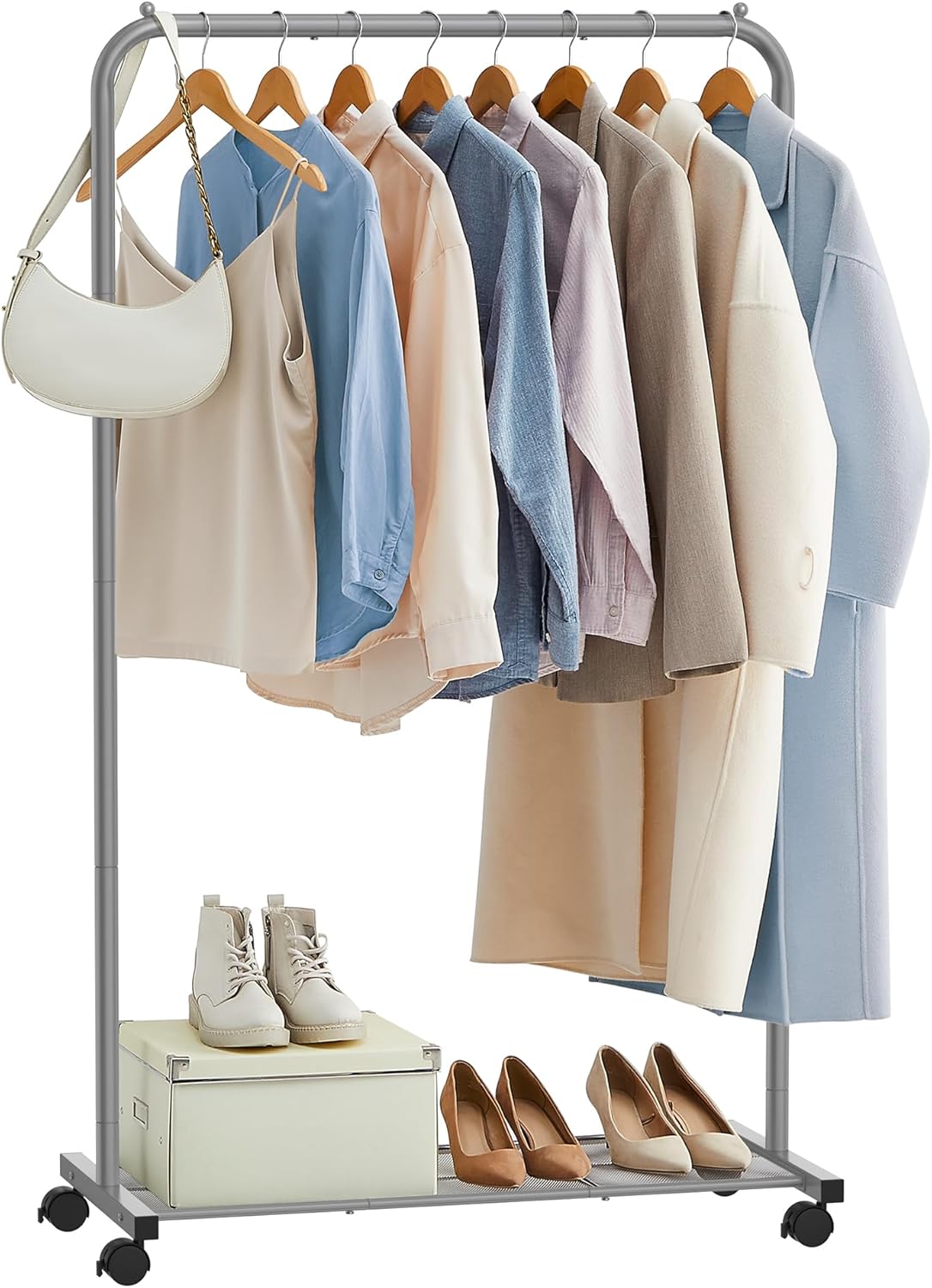 SONGMICS Clothes Rack with Wheels, Clothing Rack for Hanging Clothes, 25.4 mm Metal Garment Rack with Dense Mesh Storage Shelf, 110 lb Load Capacity, 2 Brakes, Black UHSR25BK