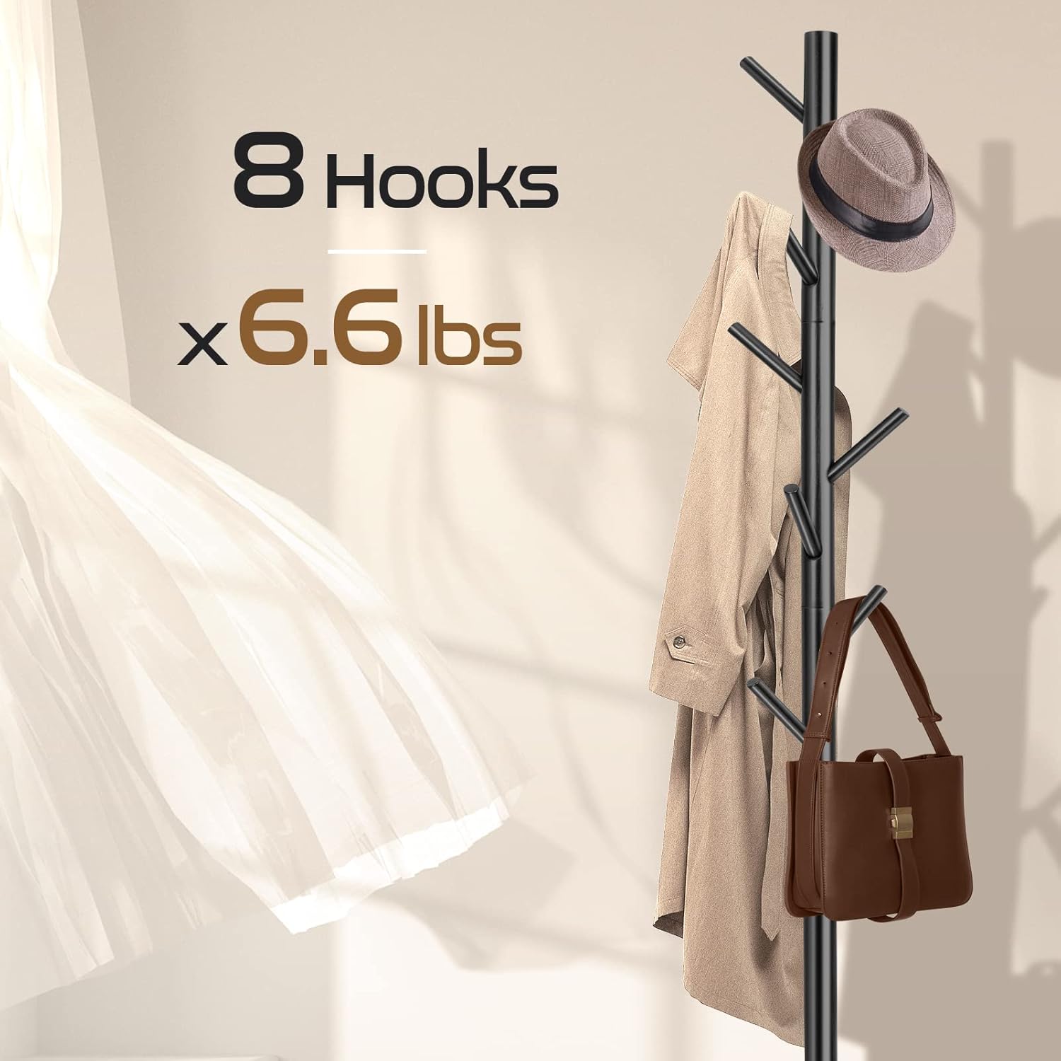 Solid Wooden Coat Rack Freestanding, New Zealand Pine Coat Tree with 8 Hooks & 3 Adjustable Sizes for Coats, Hats, Handbags and Scarves, Space Saving for Entryway/Office/Bedroom (Black)