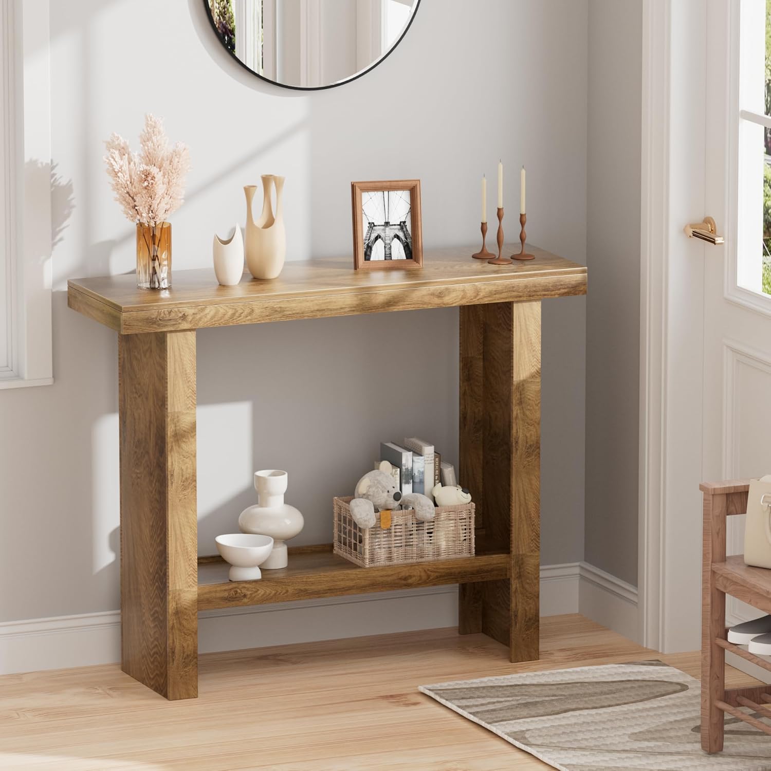 Farmhouse Wood Entryway Table Narrow Console Tables with Storage Behind The Couch Sofa, Entrance Side Table with Shelves for Hallway, Living Room, Foyer, Rustic