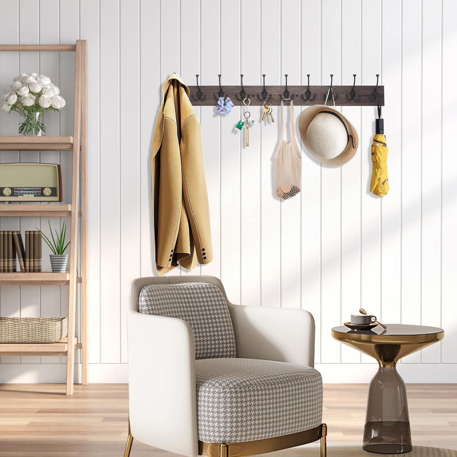 IBosins Wall Mounted Coat Rack with 10 Decorative Hooks, 34'' Long, Old Wood Color Coat Hanger, Rustic Coat Hooks Rail for Entryway Living Room Coat Scarf Bag Towel Hat