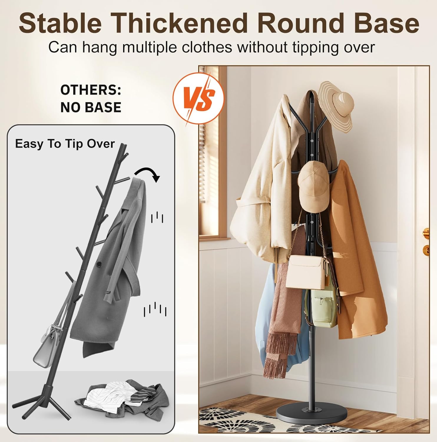 MISSLO Heavy Duty Coat Rack Freestanding with Stable Wood Base Modern Coat Tree with 12 Hooks Adjustable Coats Hanger Stand Stylish Standing Clothes Tree for Entryway Bedroom Corner Hall