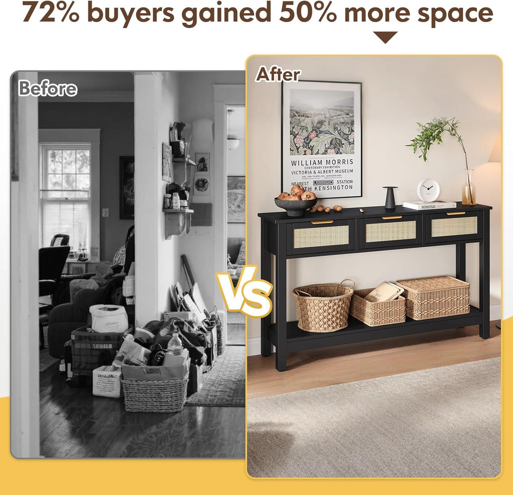 Luoxiao Entryway Console Table with 3 Rattan Drawers - Long Sofa Table Behind Couch Modern Fluted Hallway Living Room Storage Cabinet, Entry Table Open Shelf Foyer Furniture, Anti-Tip, Black, 47 Inch