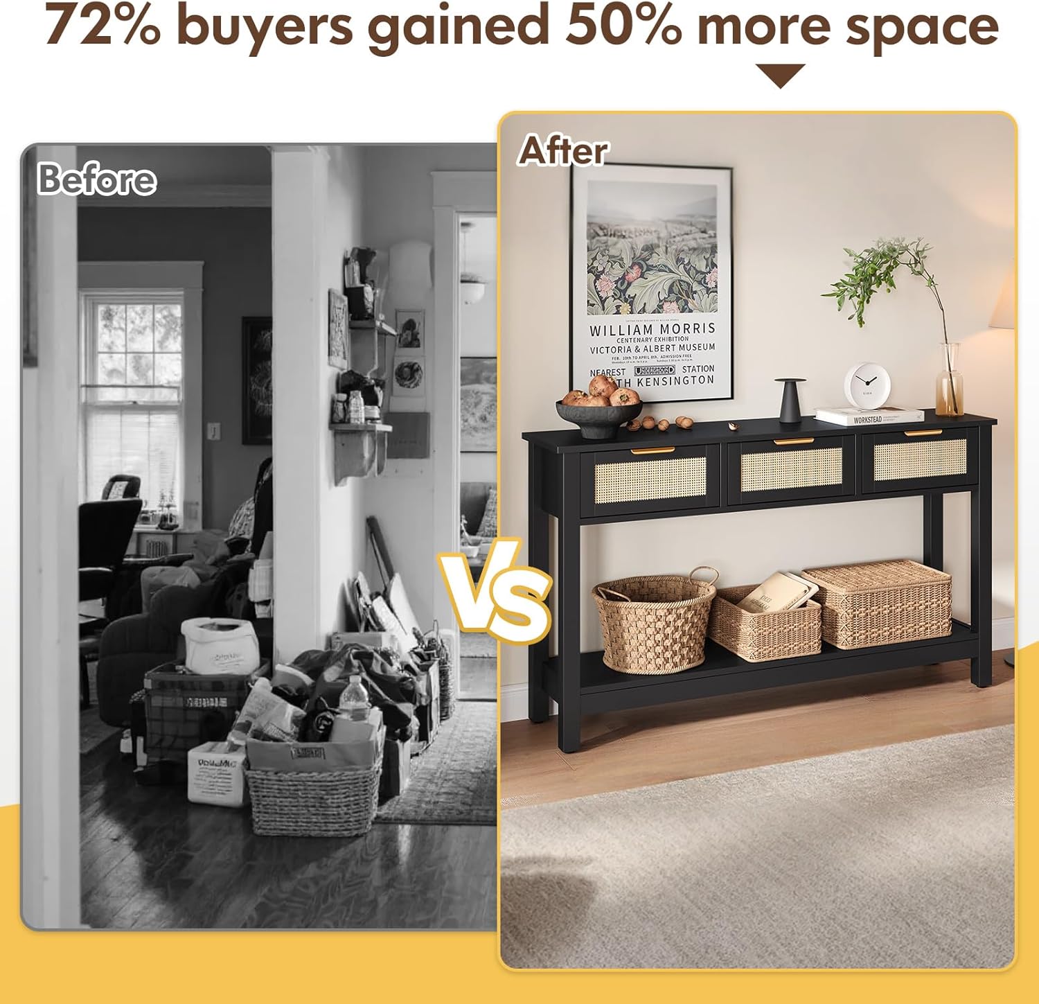 Luoxiao Entryway Console Table with 3 Rattan Drawers - Long Sofa Table Behind Couch Modern Fluted Hallway Living Room Storage Cabinet, Entry Table Open Shelf Foyer Furniture, Anti-Tip, Black, 47 Inch