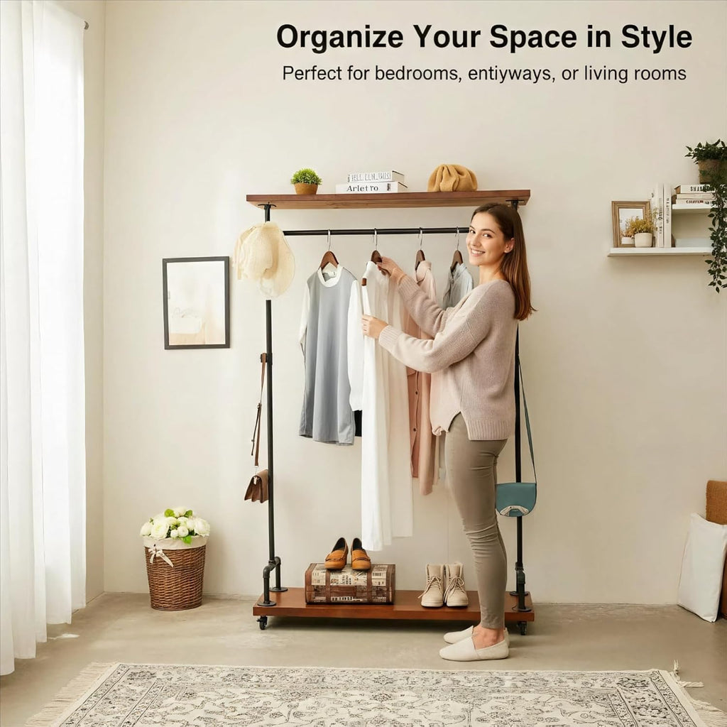 Industrial Pipe Clothing Racks, Rolling Garment Racks, Hall Tree on Lockable Wheels with Shelves and Shoes Storage, Heavy Duty Clothes Rack (two tiers garment rack)