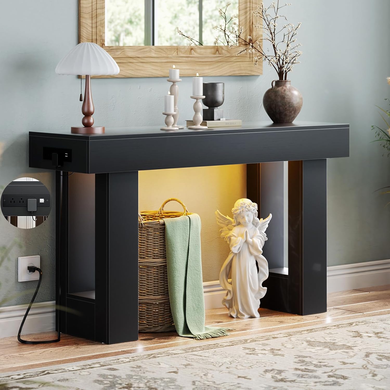 Unikito 47" Entryway Table with Socket and Sensor Light, Narrow Console Table with Storage Behind Couch, Farmhouse Entry Way Tables with Open Storage for Entrance/Hallway/Living Room, Natural Oak