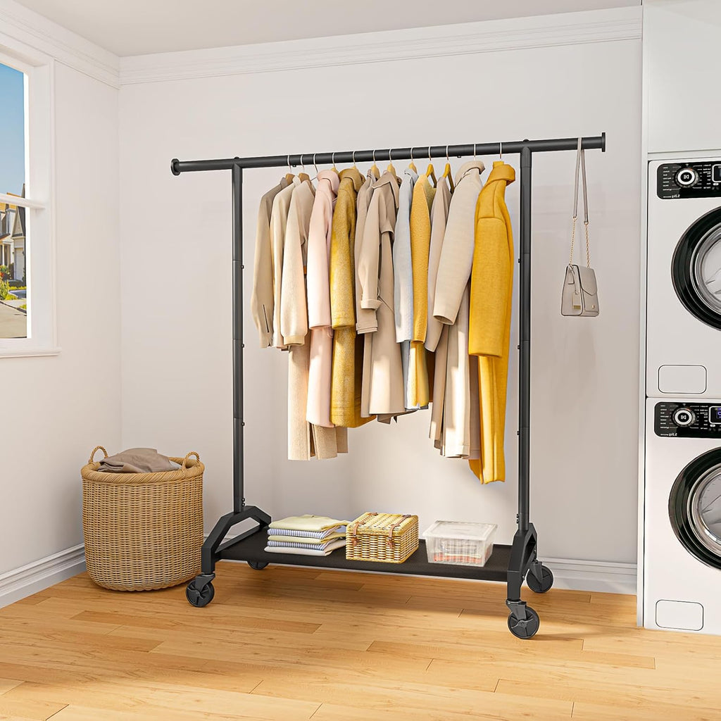 Clothes Rack Clothing Racks for Hanging Clothes Heavy Duty Clothes Rack Hanger Rack 200lbs Capacity Industrial Wheels 1" Pipe,Rolling Garment Rack Portable Clothes Rack Black