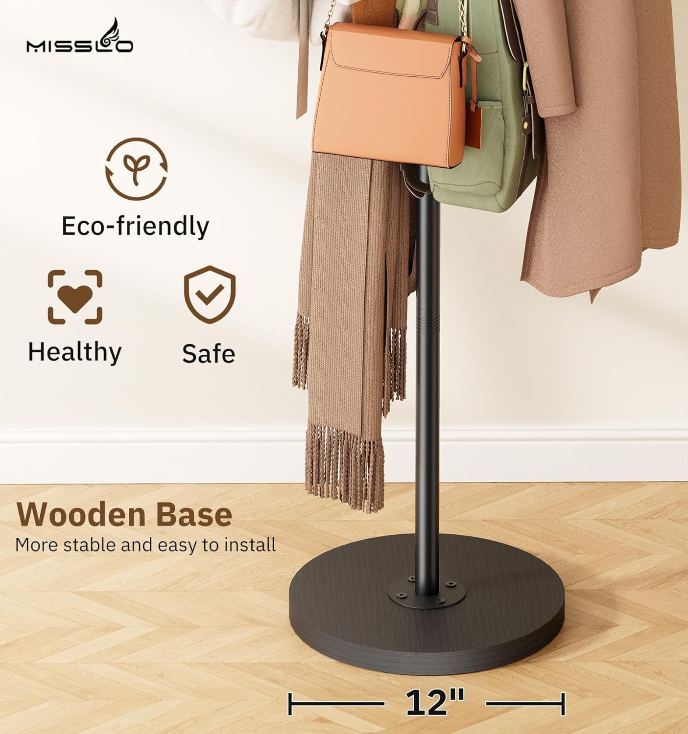 MISSLO Heavy Duty Coat Rack Freestanding 4 Adjustable Size Coat Tree with Stable Wood Base Coat Hanger Stand with 6 Hooks Standing Clothes Tree for Bedroom, Black