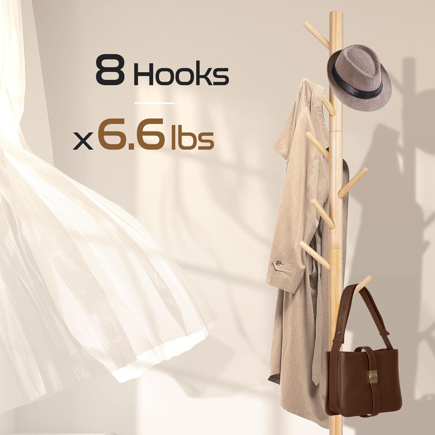 Solid Wooden Coat Rack Freestanding, New Zealand Pine Coat Tree with 8 Hooks & 3 Adjustable Sizes for Coats, Hats, Handbags and Scarves, Space Saving for Entryway/Office/Bedroom (Nature)