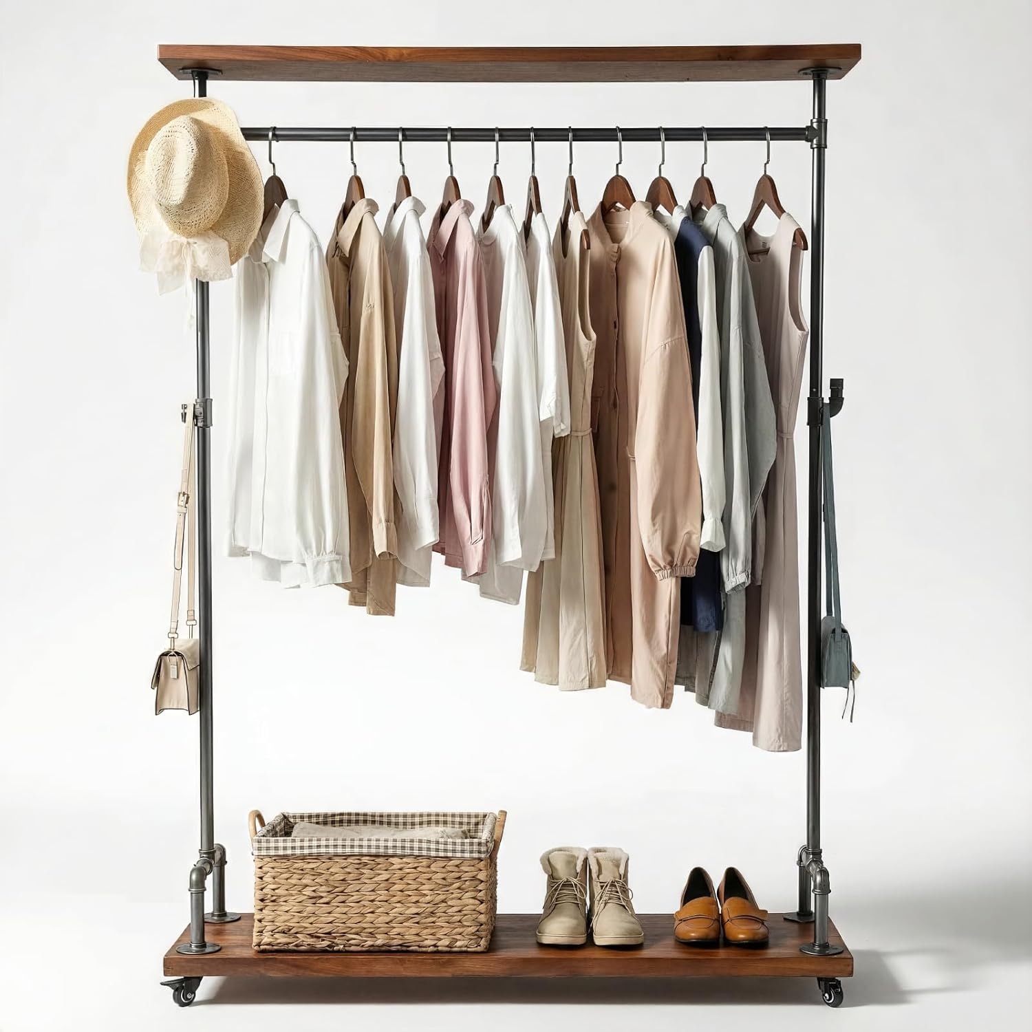 Industrial Pipe Clothing Racks, Rolling Garment Racks, Hall Tree on Lockable Wheels with Shelves and Shoes Storage, Heavy Duty Clothes Rack (two tiers garment rack)