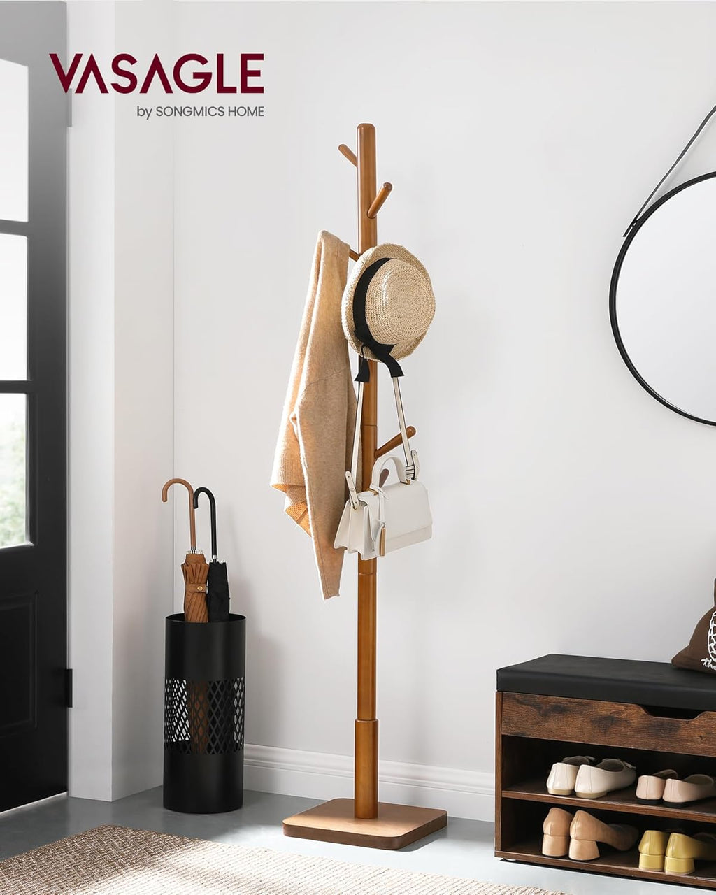 VASAGLE Solid Wood Coat Rack, Free Standing Hall Coat Tree with 8 Hooks, 3 Height Options, for Coats, Hats, Bags, Purses, for Entryway, Hallway, Rubberwood Hooks and Pole, Dark Walnut URCR010W01