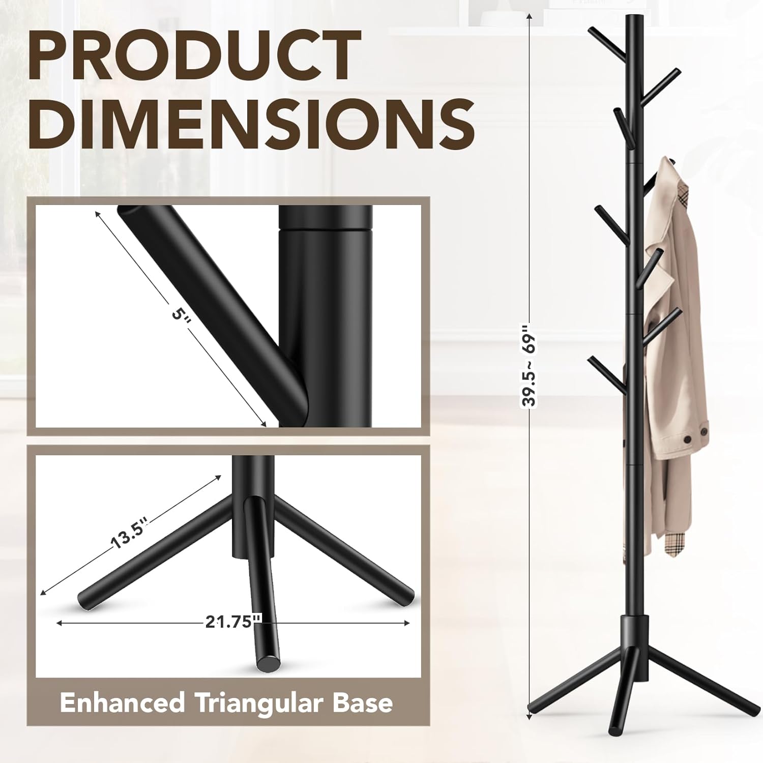 Wooden Tree Coat Rack Stand,Sturdy Freestanding Coat Rack with 8 Hooks,3 Adjustable Height for Child Adult,Wood Coat Stand Tree Fits Entryway Bedroom Office for Bags,Hats
