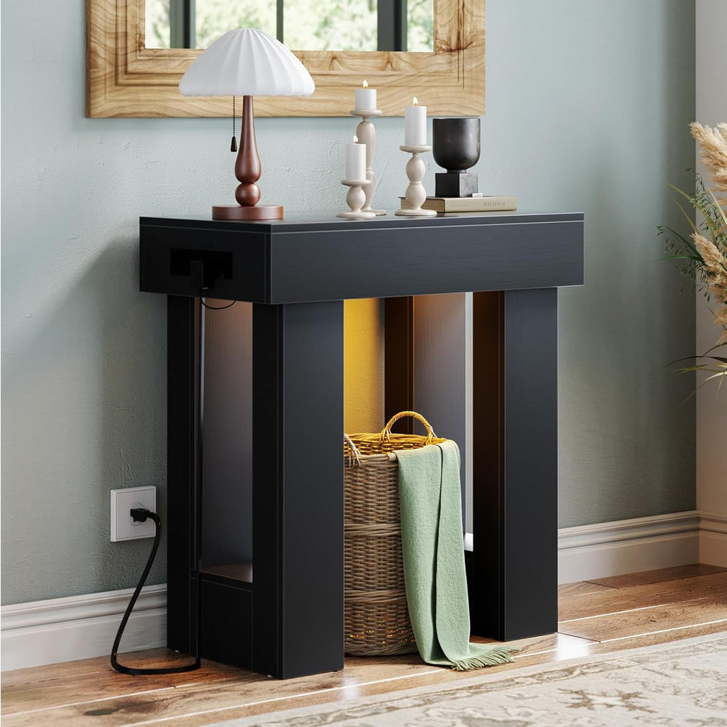 Unikito 47" Entryway Table with Socket and Sensor Light, Narrow Console Table with Storage Behind Couch, Farmhouse Entry Way Tables with Open Storage for Entrance/Hallway/Living Room, Natural Oak