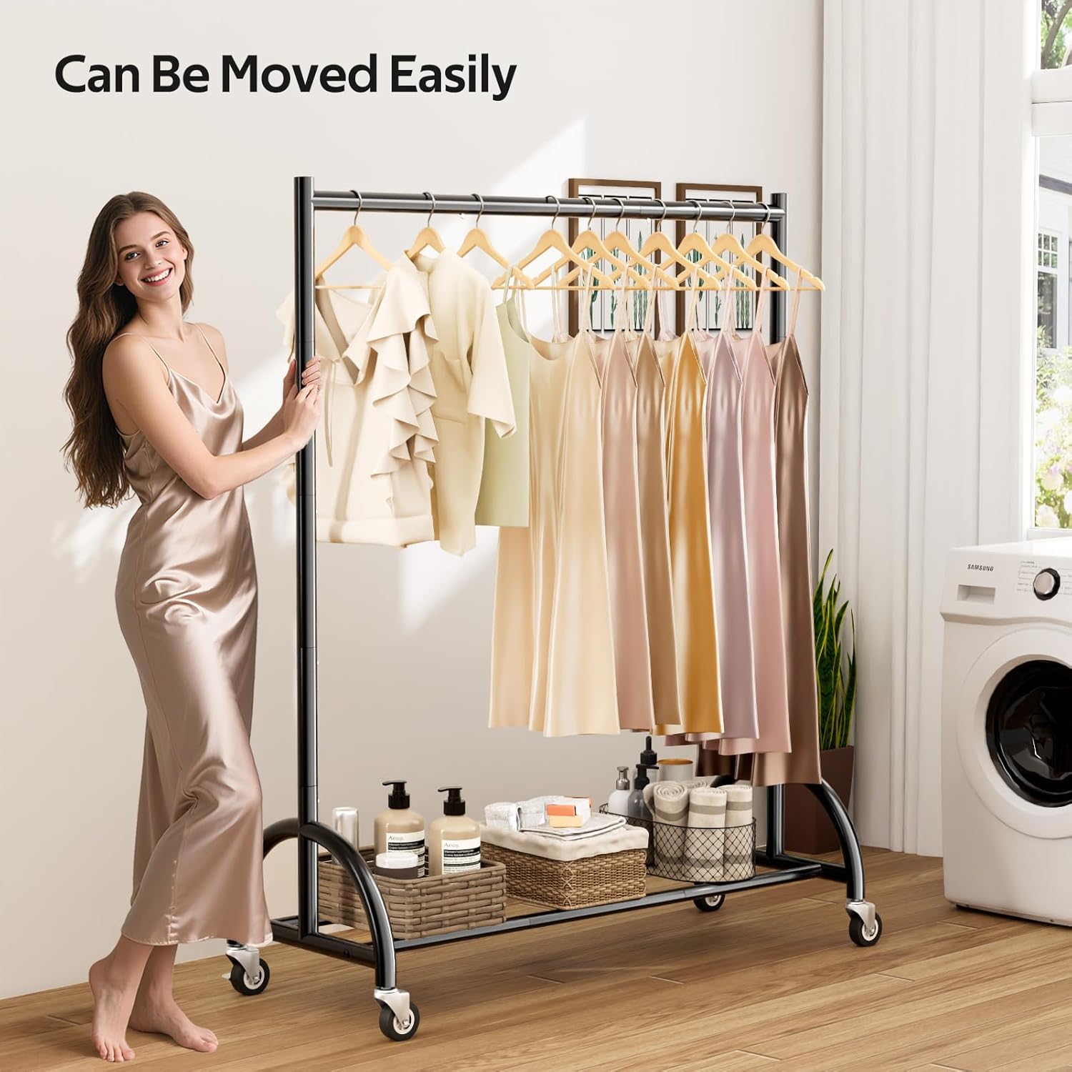 MISSLO Heavy Duty Clothing Rack with Wheels Rolling Clothes Racks for Hanging Clothes, Coats, Garment, Dress, Black