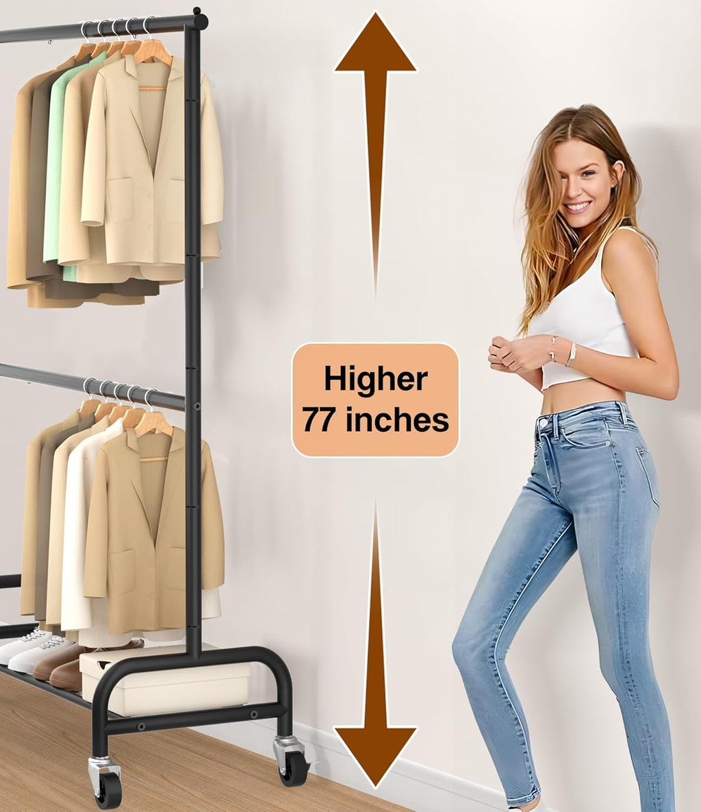 MISSLO Heavy Duty Clothes Rack for Hanging Clothes Rolling Clothing Rack Heavy Duty on Wheels for Coat, Garment, Matte Black (Double Rod)