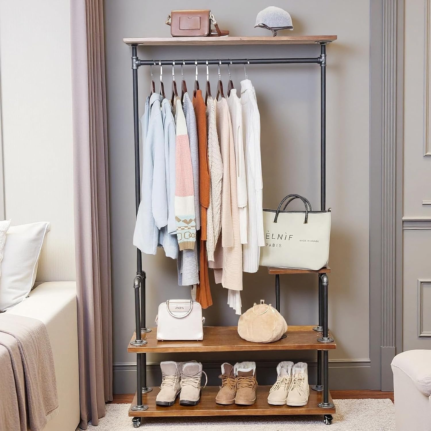 Industrial Pipe Clothing Racks, Rolling Garment Racks, Hall Tree on Lockable Wheels with Shelves and Shoes Storage, Heavy Duty Clothes Rack (two tiers garment rack)