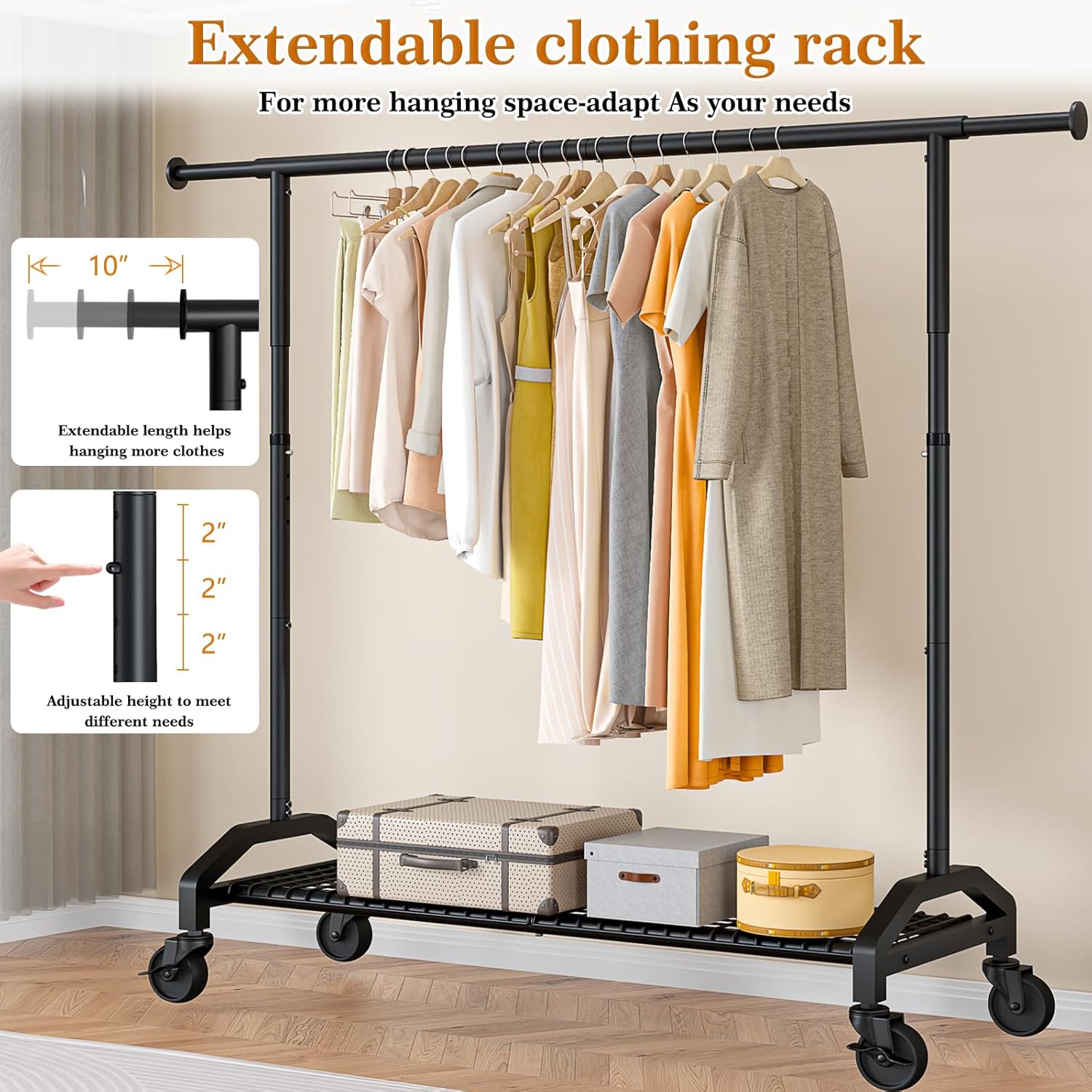Heavy Duty Clothes Rack for Hanging Clothes 350lbs Clothing Rack 3" industrial Wheels 51 to 71" W x 16.53" D x 65" to 71" H Adjustable Rolling Clothes Rack Coat Rack Garment Rack Black