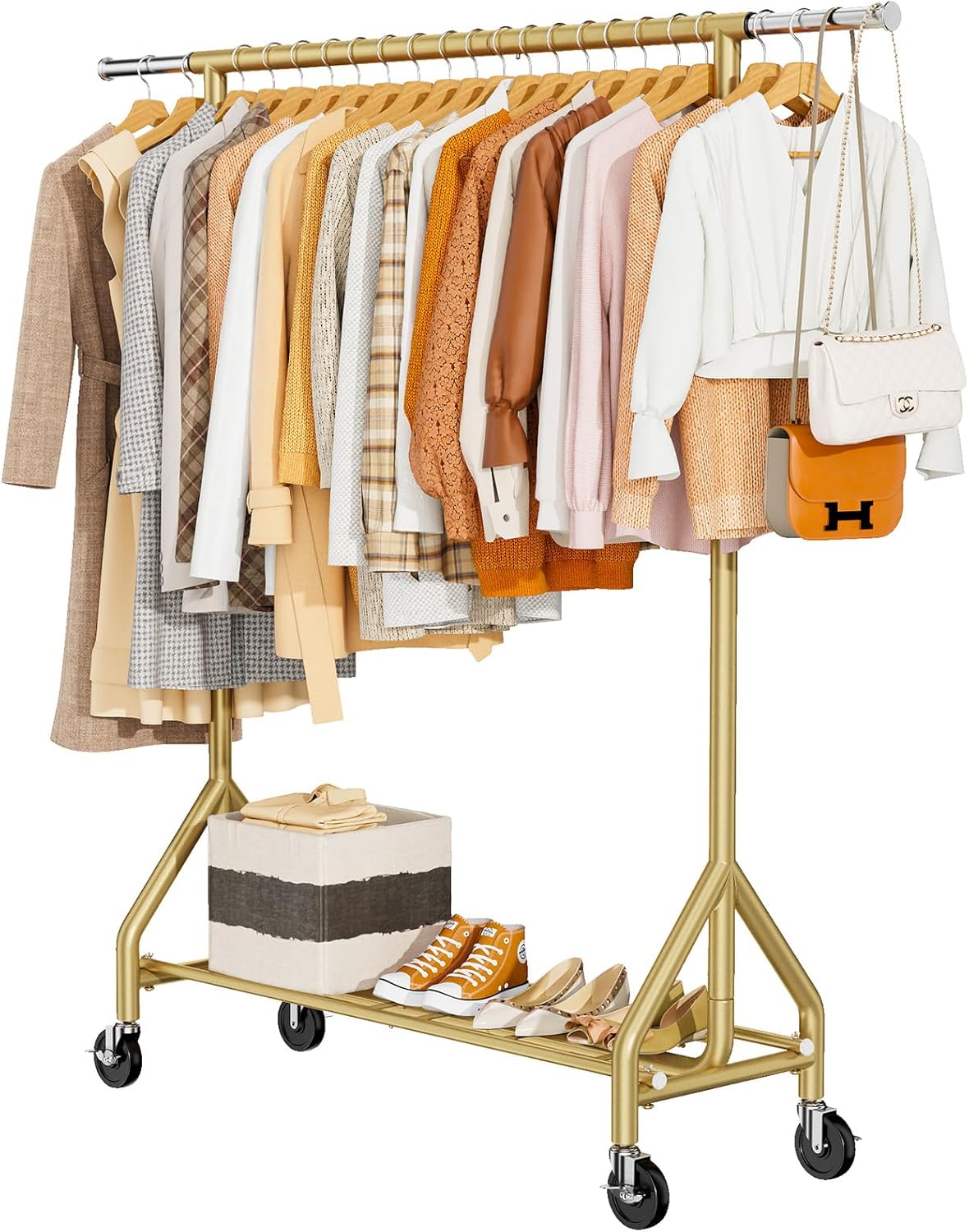Heavy Duty Clothes Rack Load 450 LBS, Metal Garment Rack, Standing Rolling Clothing Rack for Hanging Clothes with Sturdy Wheels & Shelves, Portable Closet Wardrobe Rack,Sliver