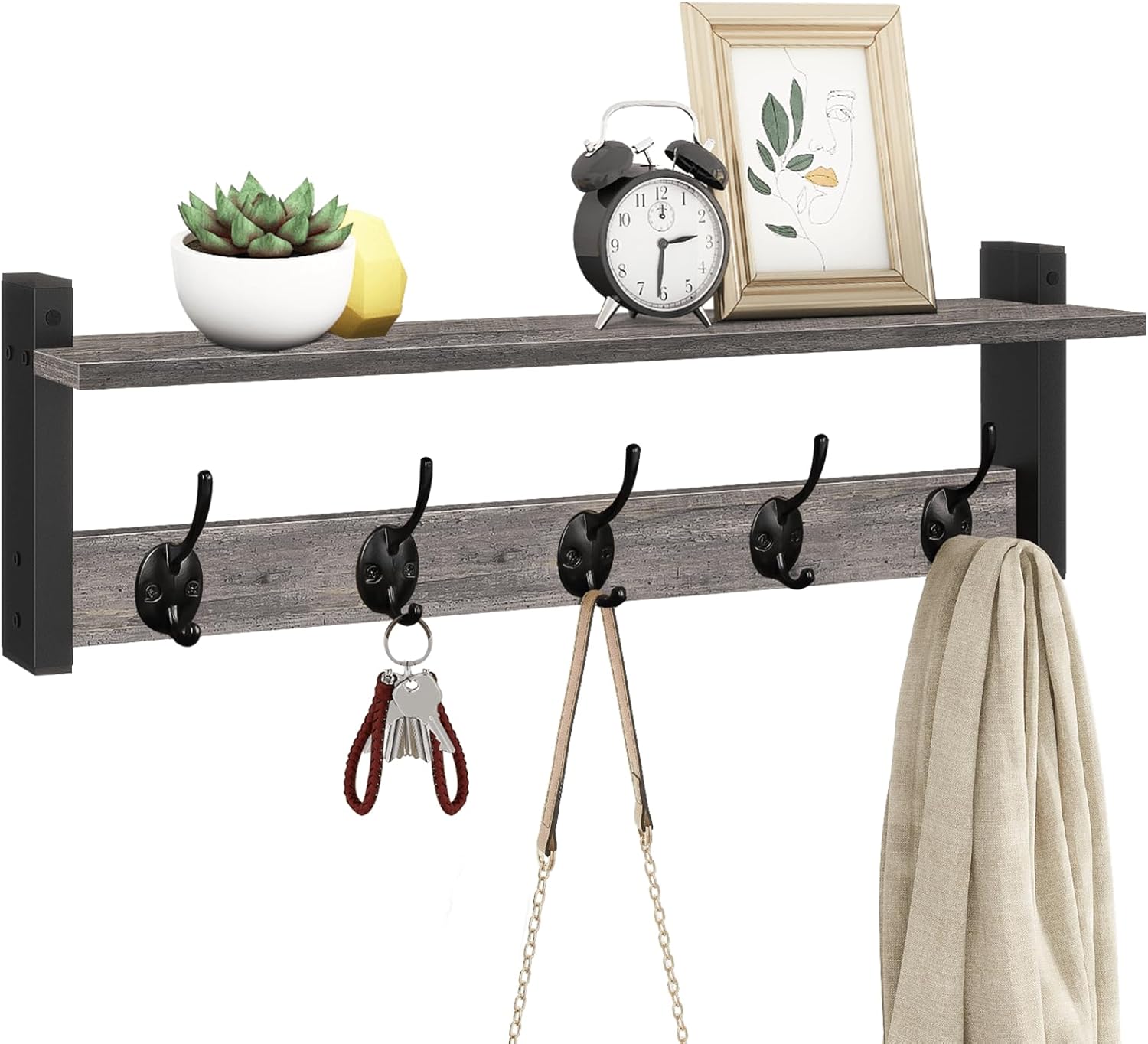 Homode Wall Hooks with Shelf, Wood Coat Rack with Shelf Wall-Mounted, Entryway Hanging Shelves with 5 Metal Hooks for Clothes Hats Towel Purse Robes, Bathroom Mudroom Bedroom, Rustic Brown Black