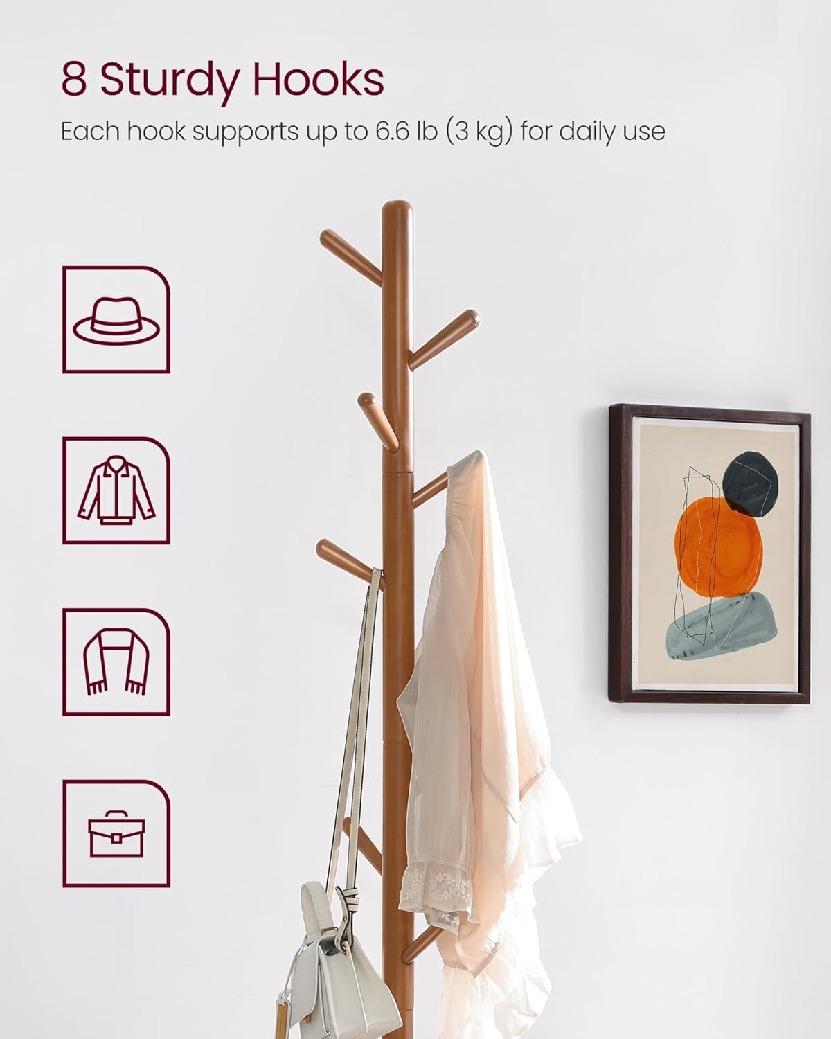 VASAGLE Solid Wood Coat Rack, Free Standing Hall Coat Tree with 8 Hooks, 3 Height Options, for Coats, Hats, Bags, Purses, for Entryway, Hallway, Rubberwood Hooks and Pole, Dark Walnut URCR010W01