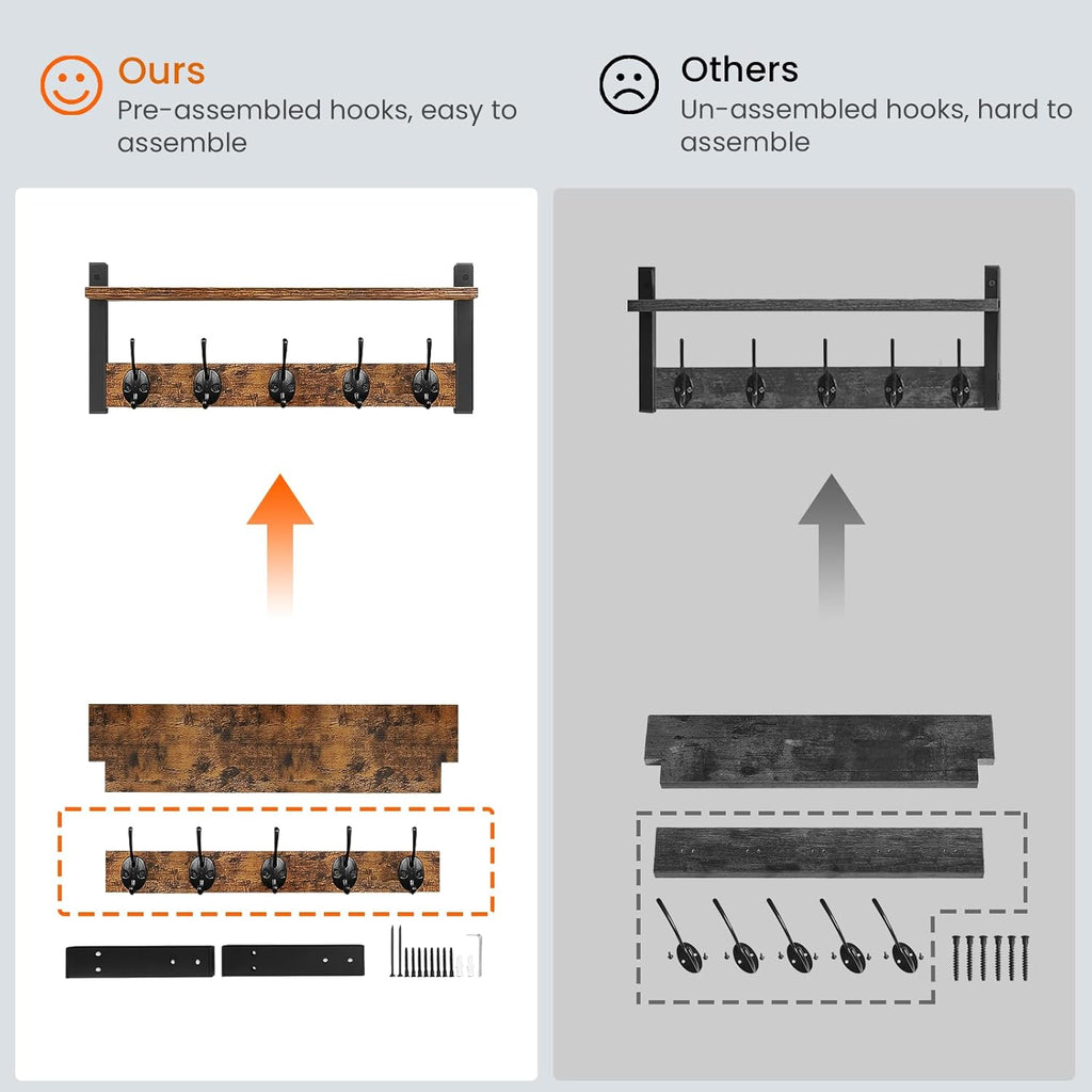 Homode Wall Hooks with Shelf, Wood Coat Rack with Shelf Wall-Mounted, Entryway Hanging Shelves with 5 Metal Hooks for Clothes Hats Towel Purse Robes, Bathroom Mudroom Bedroom, Rustic Brown Black