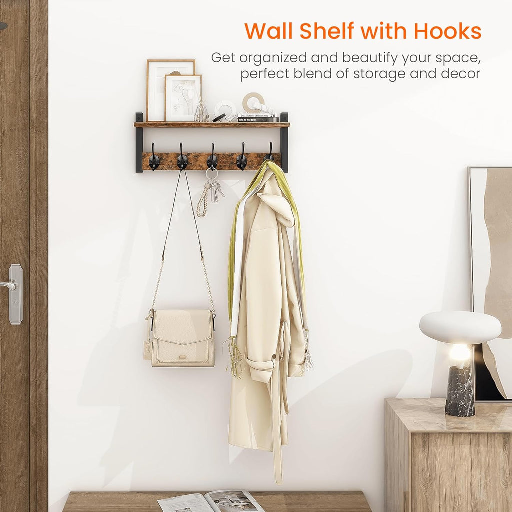 Homode Wall Hooks with Shelf, Wood Coat Rack with Shelf Wall-Mounted, Entryway Hanging Shelves with 5 Metal Hooks for Clothes Hats Towel Purse Robes, Bathroom Mudroom Bedroom, Rustic Brown Black