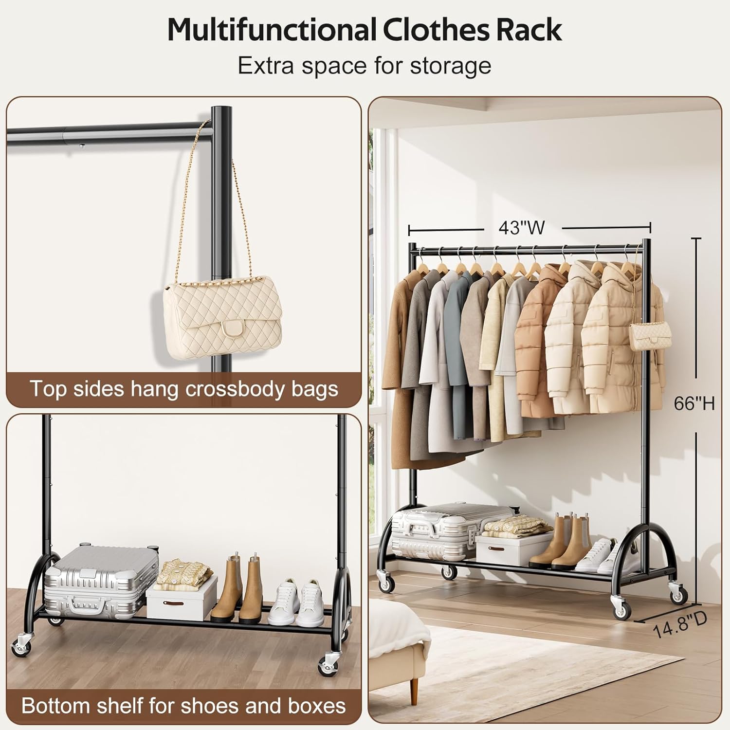 MISSLO Heavy Duty Clothing Rack with Wheels Rolling Clothes Racks for Hanging Clothes, Coats, Garment, Dress, Black