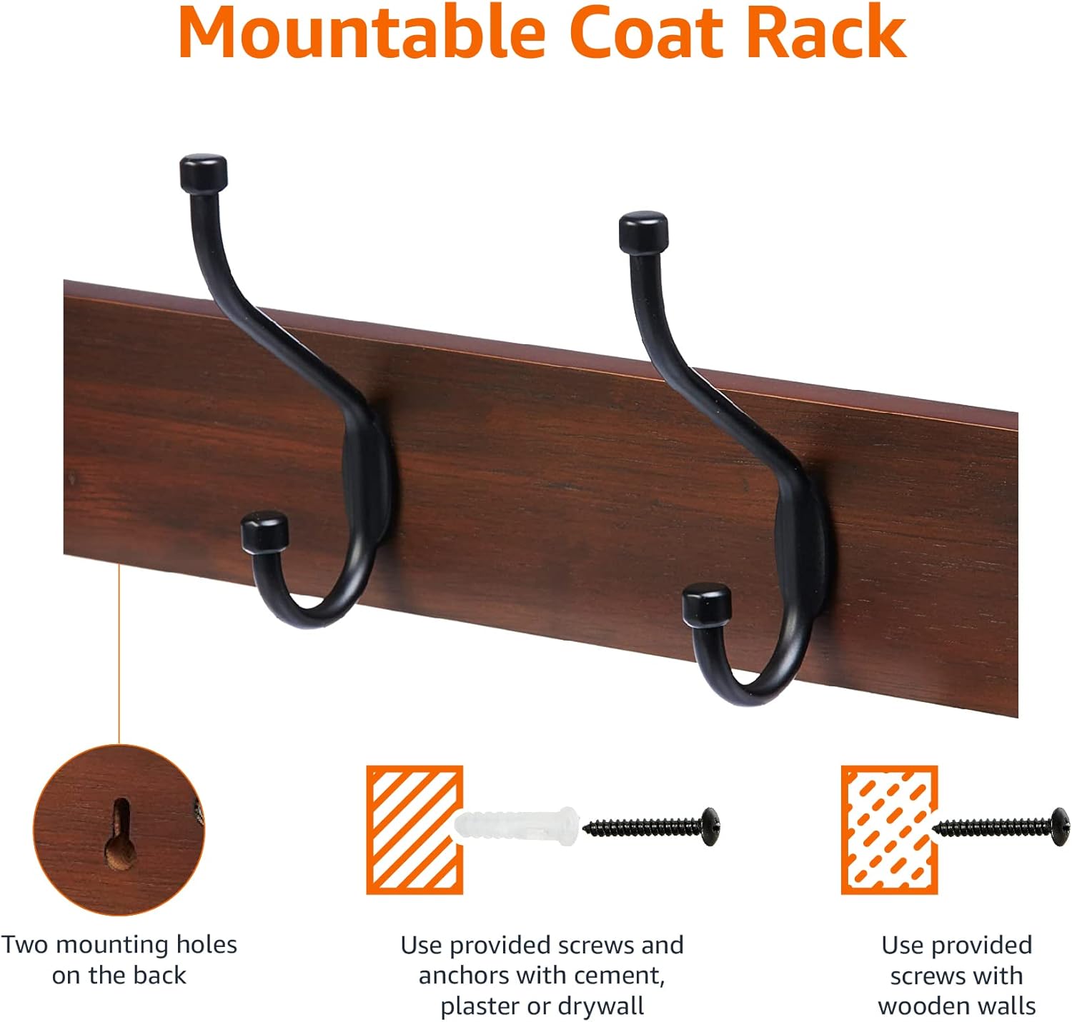 Amazon Basics Wall-Mounted Coat Rack, 5 Hook, Light Walnut | Farmhouse, Rectangular