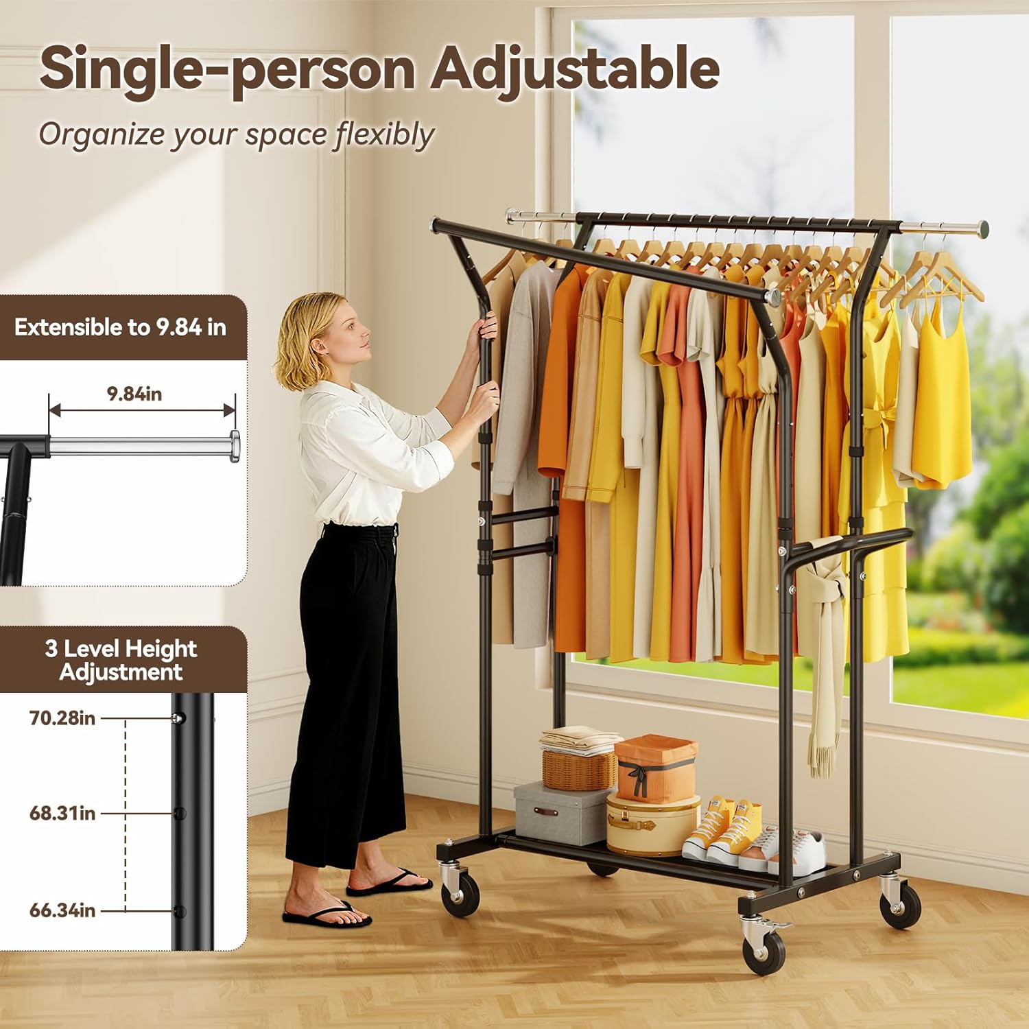 800LBS Heavy Duty Clothes Rack: Rolling Clothing Rack for Hanging Coat Double Rods Portable Wardrobe Garment Racks with Wheels Shelf Sturdy Metal Adjustable Bedroom Laundry Living Room