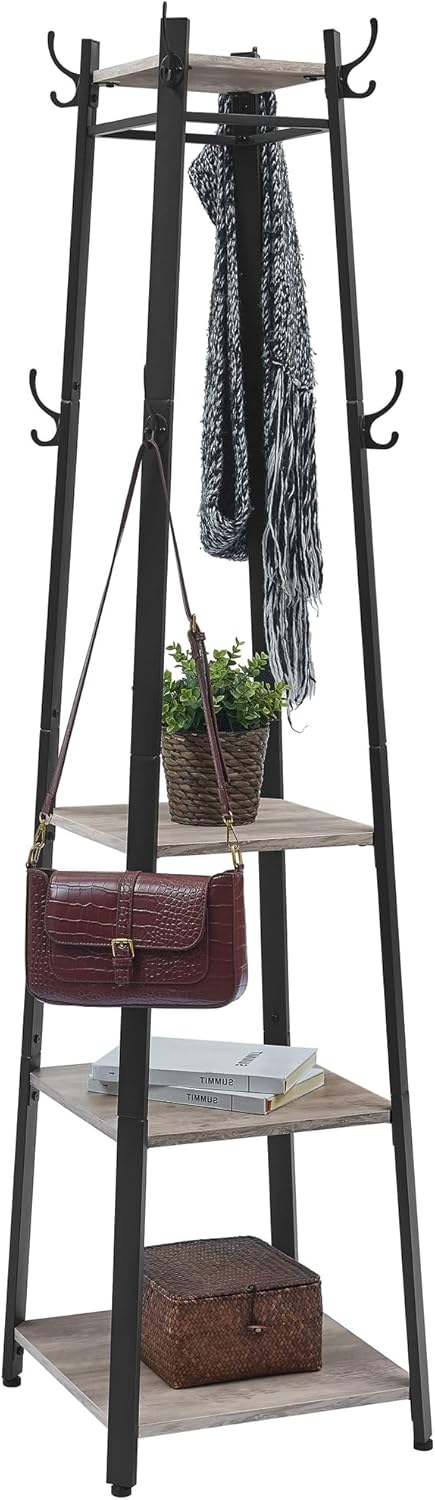 VASAGLE Coat Rack, Coat Stand with 3 Shelves, Hall Tree Free Standing with Hooks for Scarves, Bags, Umbrellas, Steel Frame, Industrial Style, for Entryway, Living Room, Rustic Brown and Black ULCR80X