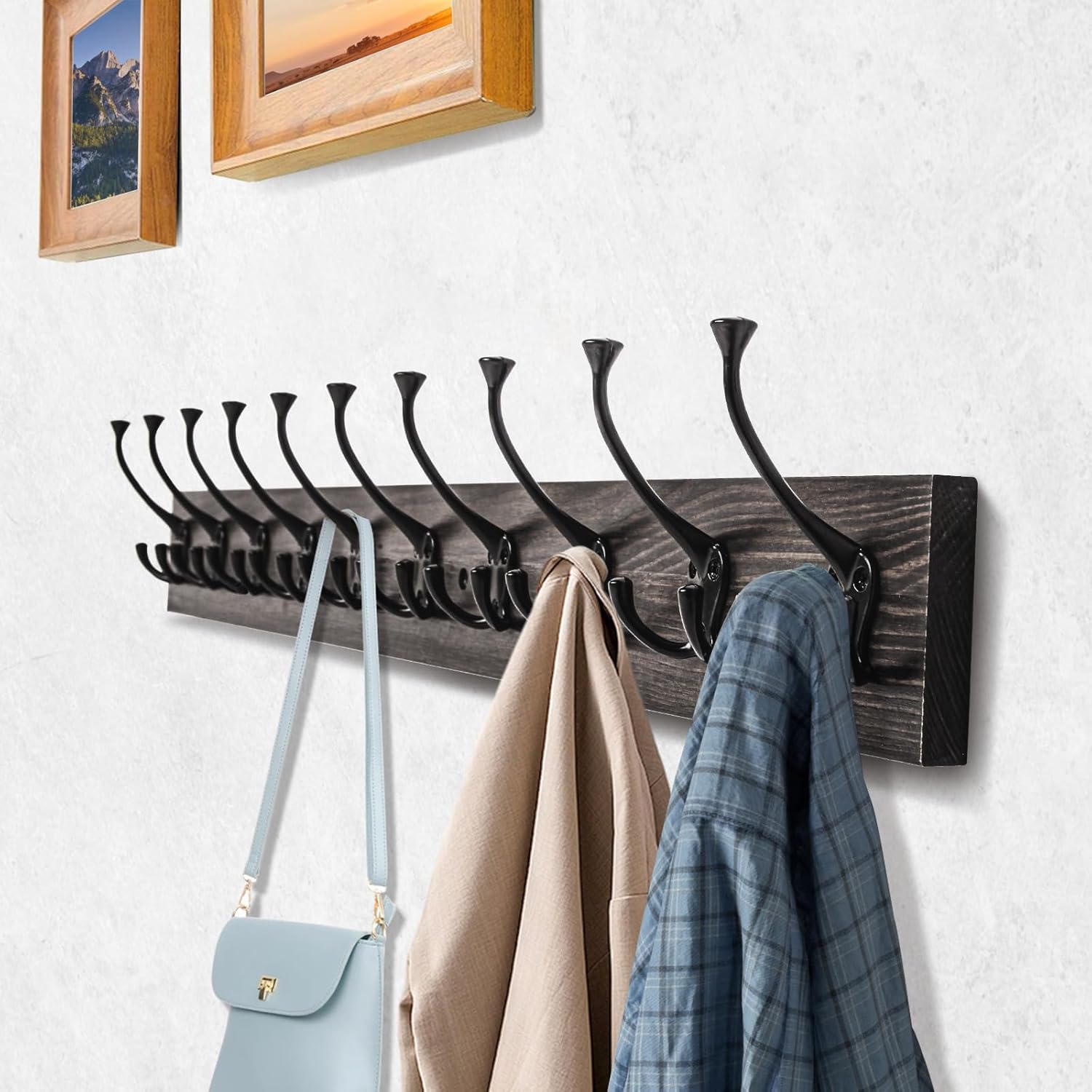 IBosins Wall Mounted Coat Rack with 10 Decorative Hooks, 34'' Long, Old Wood Color Coat Hanger, Rustic Coat Hooks Rail for Entryway Living Room Coat Scarf Bag Towel Hat