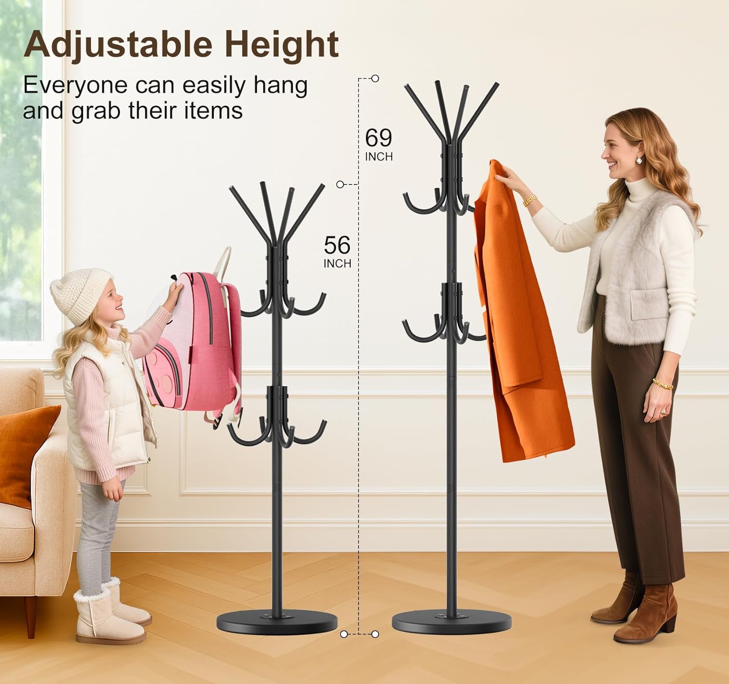 MISSLO Heavy Duty Coat Rack Freestanding with Stable Wood Base Modern Coat Tree with 12 Hooks Adjustable Coats Hanger Stand Stylish Standing Clothes Tree for Entryway Bedroom Corner Hall