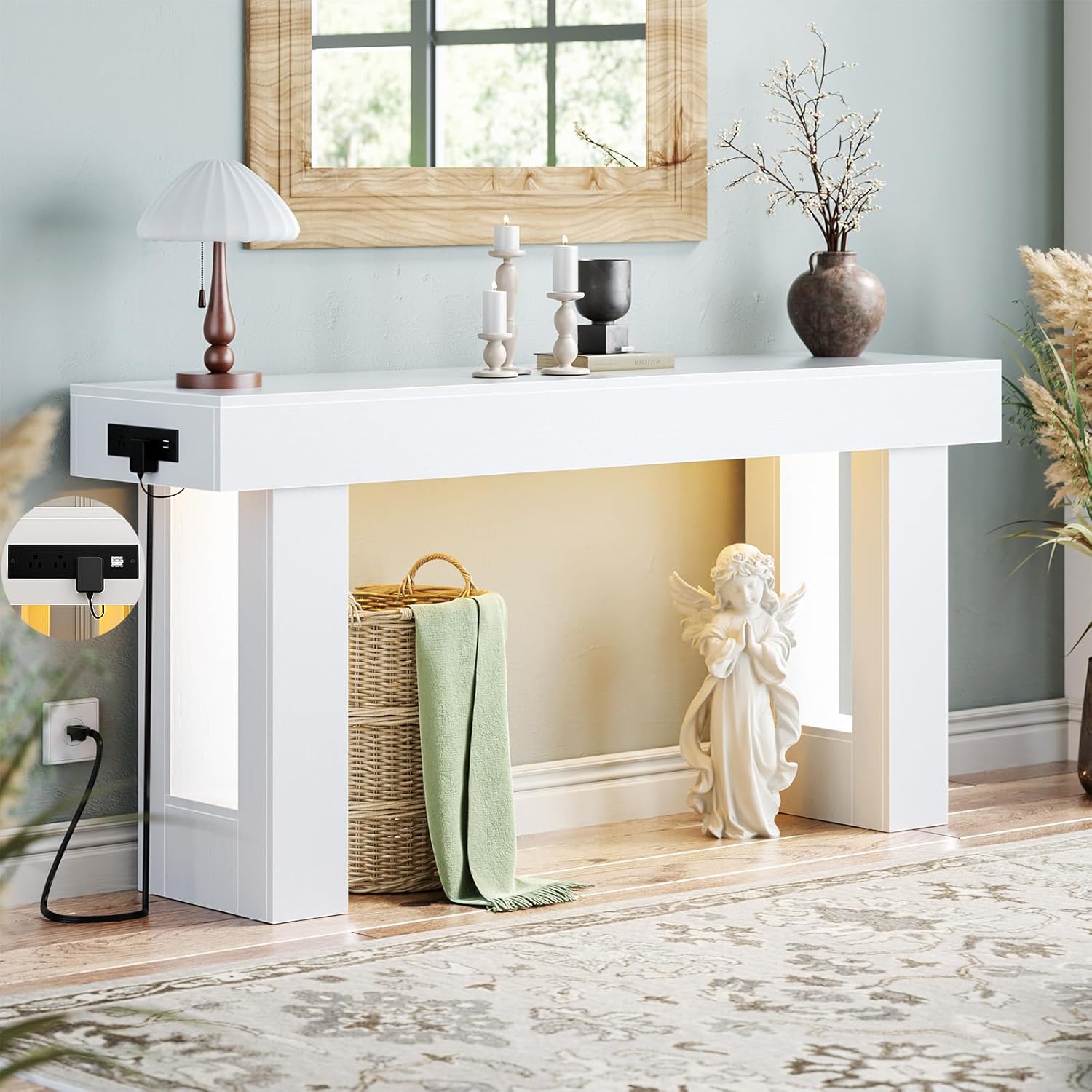 Unikito 47" Entryway Table with Socket and Sensor Light, Narrow Console Table with Storage Behind Couch, Farmhouse Entry Way Tables with Open Storage for Entrance/Hallway/Living Room, Natural Oak