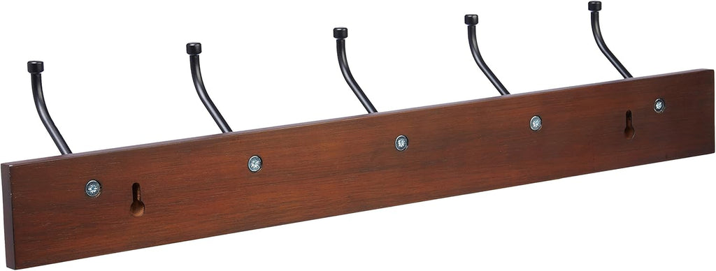Amazon Basics Wall-Mounted Coat Rack, 5 Hook, Light Walnut | Farmhouse, Rectangular